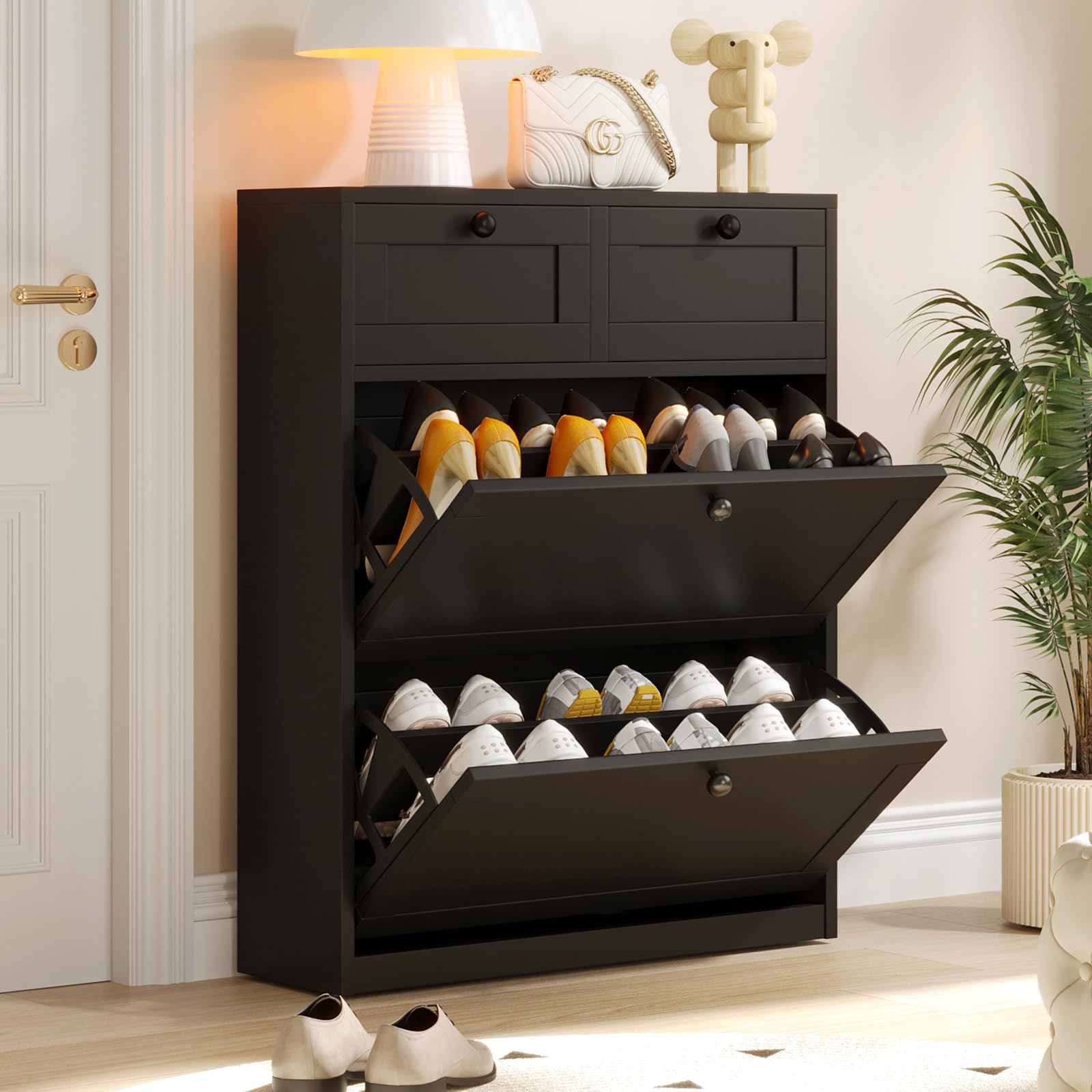 VOWNER Shoe Storage Cabinet 2 Flip Drawers 2 Pull-Out Drawers Shelves