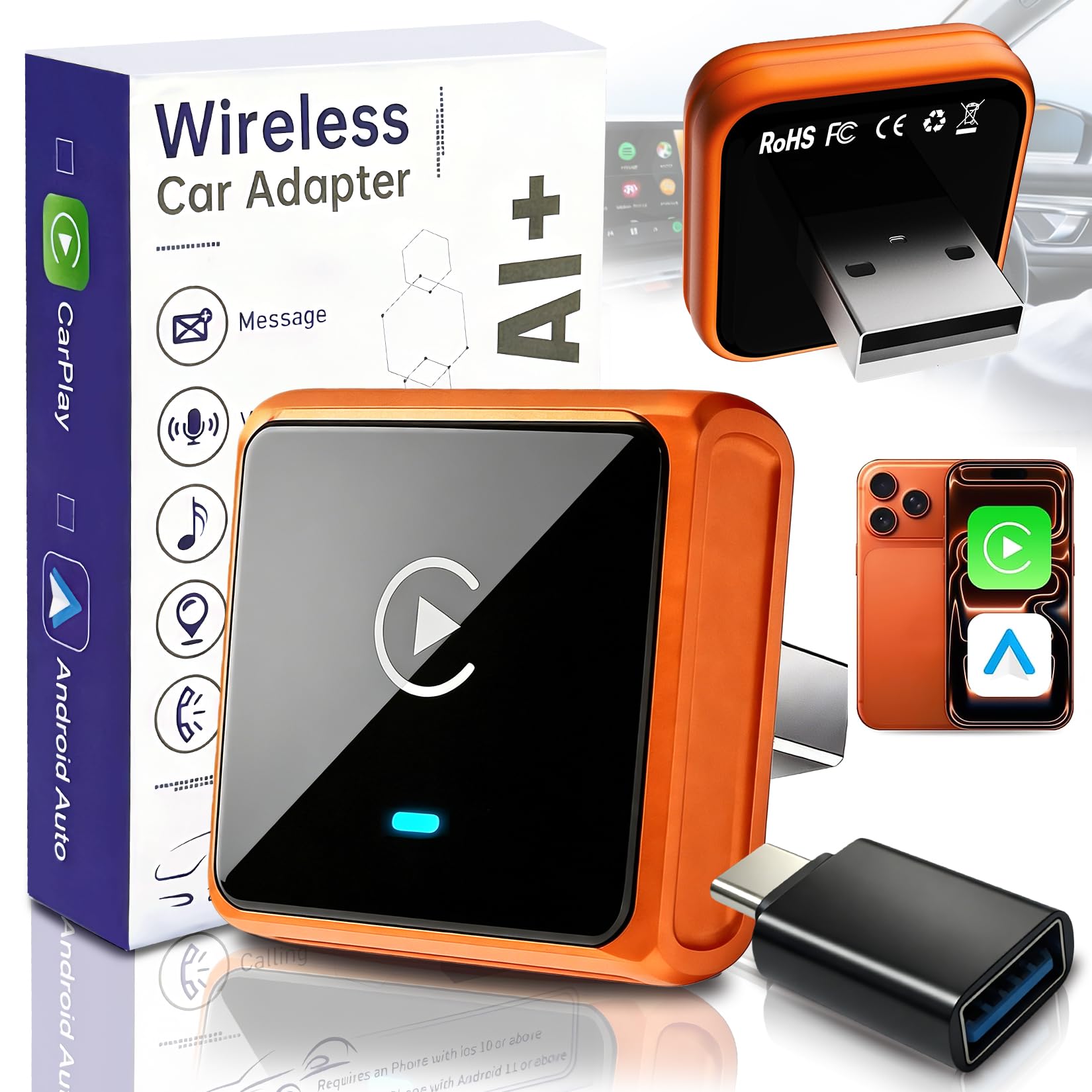Mini Adaptateur sans Fil CarPlay pour iPhone et Android, Adaptateur de Lecture de Voiture 2-en-1 amélioré, avec Connexion Automatique Rapide et Stable, Adaptateur sans Fil CarPlay 2026