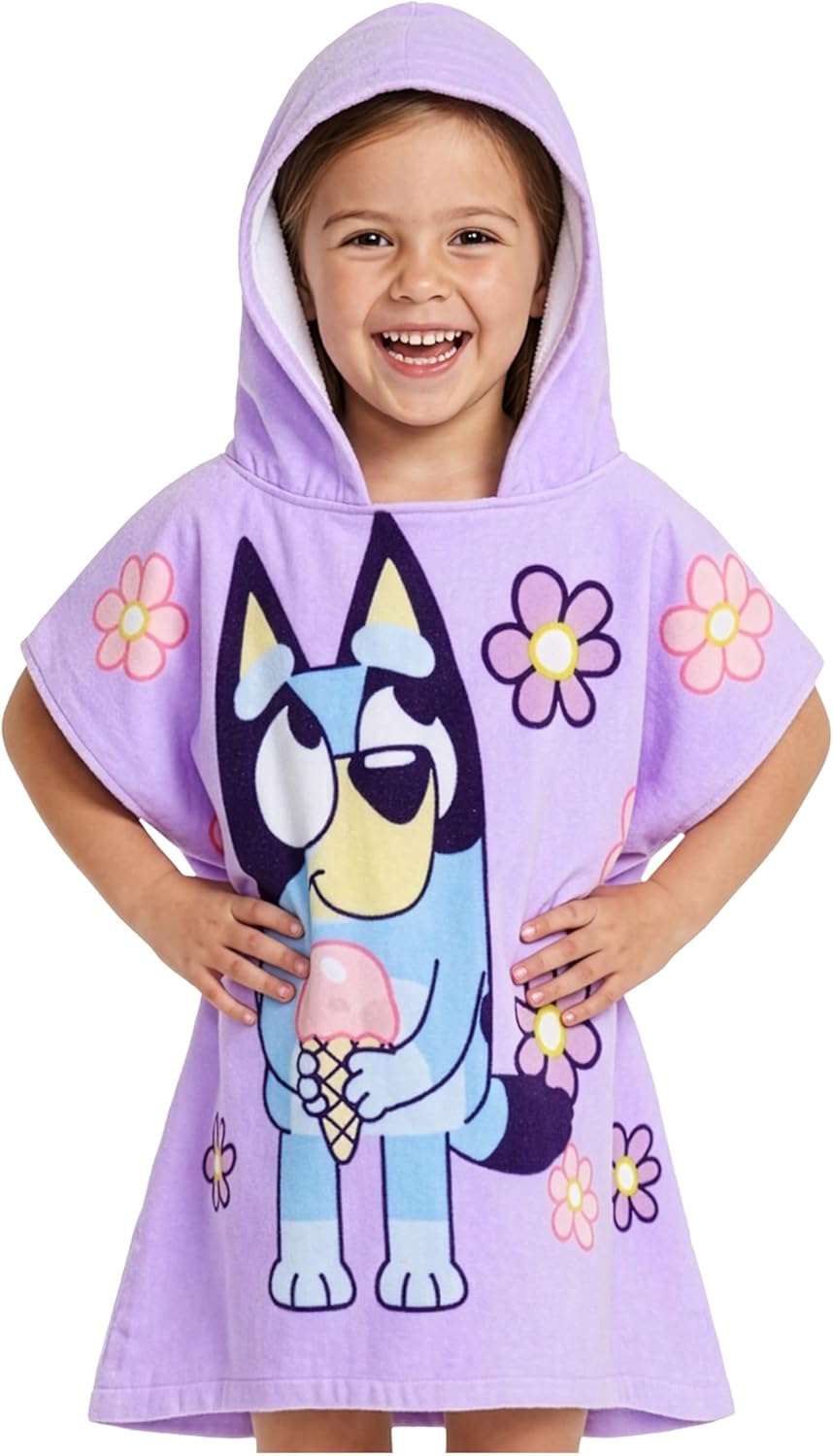 Bluey Beach Towel Hooded Kids Absorbent Changing Robe Cotton Poncho Towels for Swimming Shower Pool Swim Bath Towel Gifts for Girls and Boys (Purple, 3-8 Years)