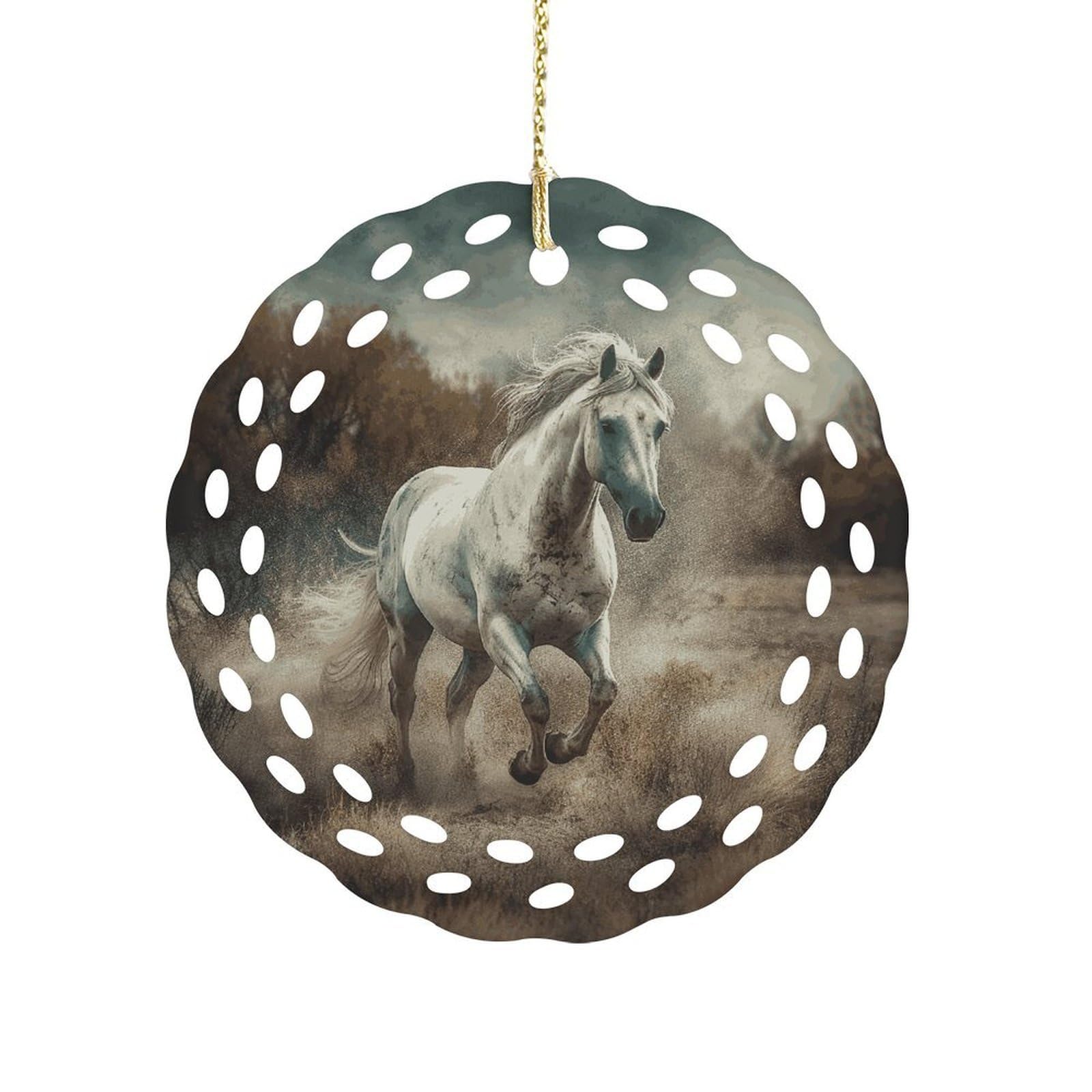 Btcowzrv Style Horse Running In Field Ceramic Ornament,Round Ornaments With Hole Easy To Hang,Hanging Ornament For Wedding Party Home Window Garden Christmas Day Decor