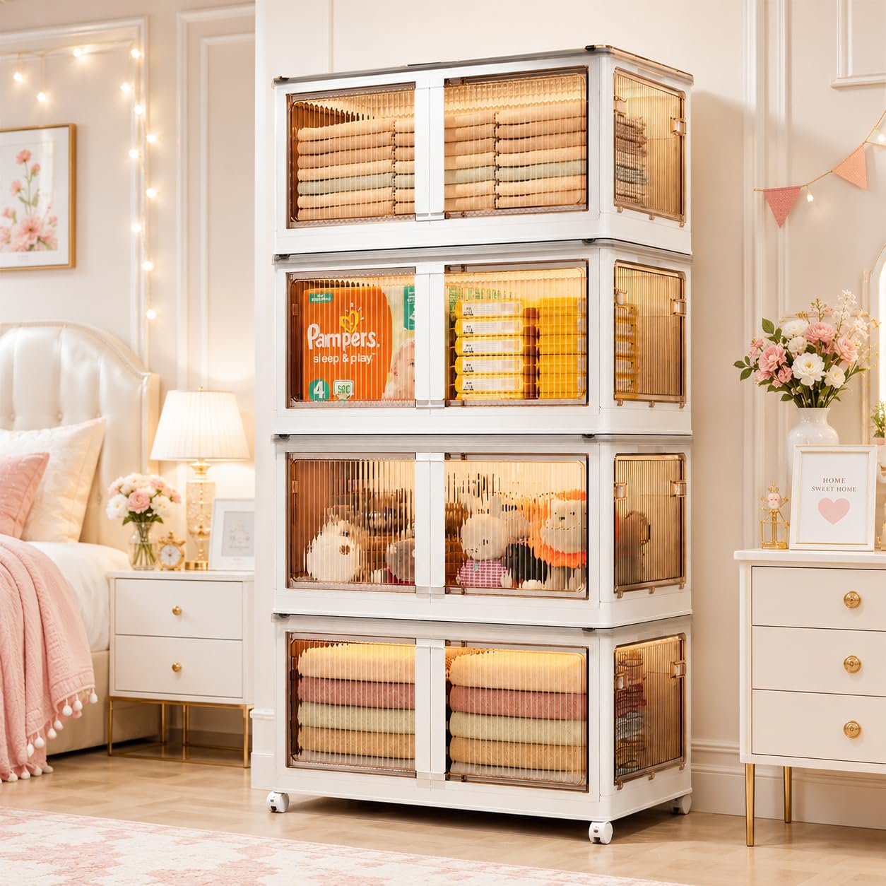 EXVITO 4 Tier Foldable Wardrobe for Bedroom Clothes Storage Cabinet | Collapsible Plastic Almirah Organizer with Magnetic Doors & Wheels | Stackable Cupboard for Clothes Storage - Cream