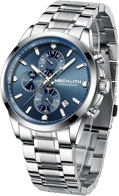 MEGALITH Mens Wrist Watch Silver: Waterproof Classic Stainless Steel Chronograph - Dress Business Casual Analog Date Watches - Gifts for Men Birthday