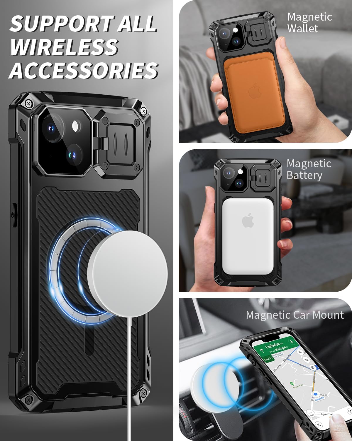 Lanhiem for iPhone 13 Metal Case with Camera Cover & Stand [Compatible with MagSafe] [Built-in Kickstand] [Military-Grade Protection] Heavy Duty Rugged Magnetic Phone Case, Black