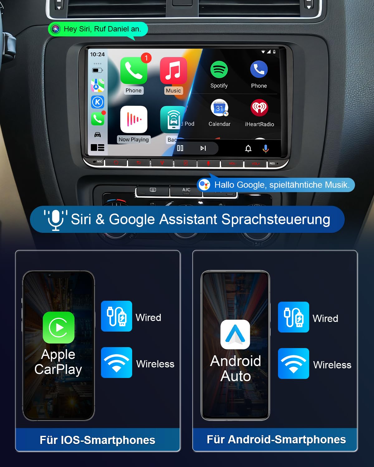 Autoradio mit Bildschirm für VW Golf 5 6 T5 Polo 6R Passat Caddy Touran Seat Skoda, 9 Zoll Golf Radio mit Apple CarPlay & Android Auto Mirrorlink, Bluetooth Navi SWC EQ USB FM RDS