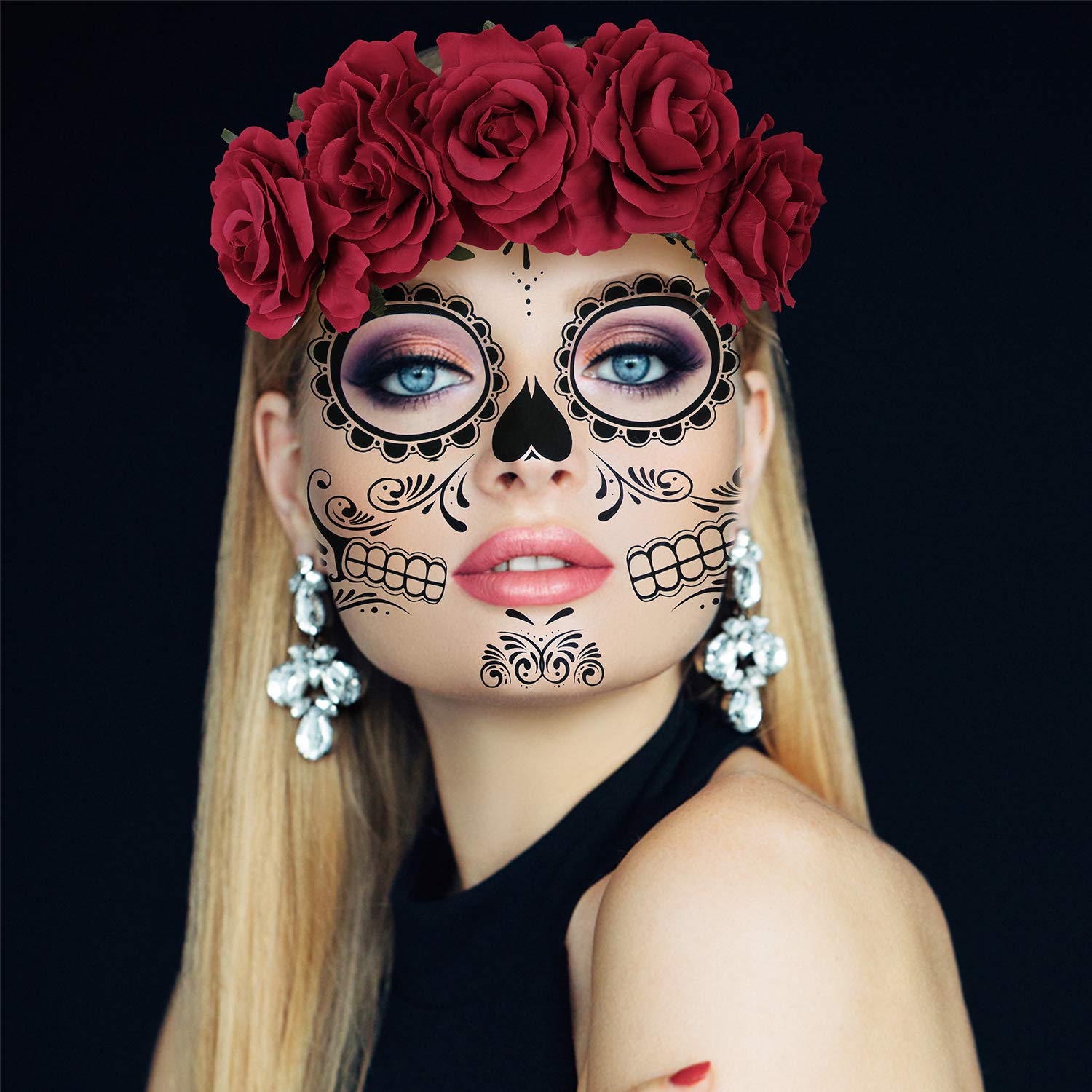 4 Kits Day of the Dead Sugar Skull Temporary Face Tattoo Makeup Tattoo for Men and Women with 1 Rose Red Flower Crown Headband for Halloween Costume - Image 5