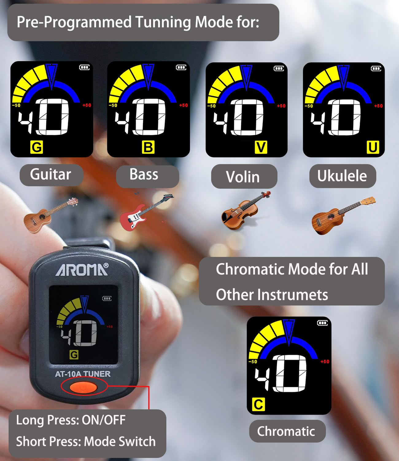 Guitar Tuner Clip on Rechargeable Tuner for Guitar Bass Ukulele Violin Chromatic Tuning w/Bright Color Display