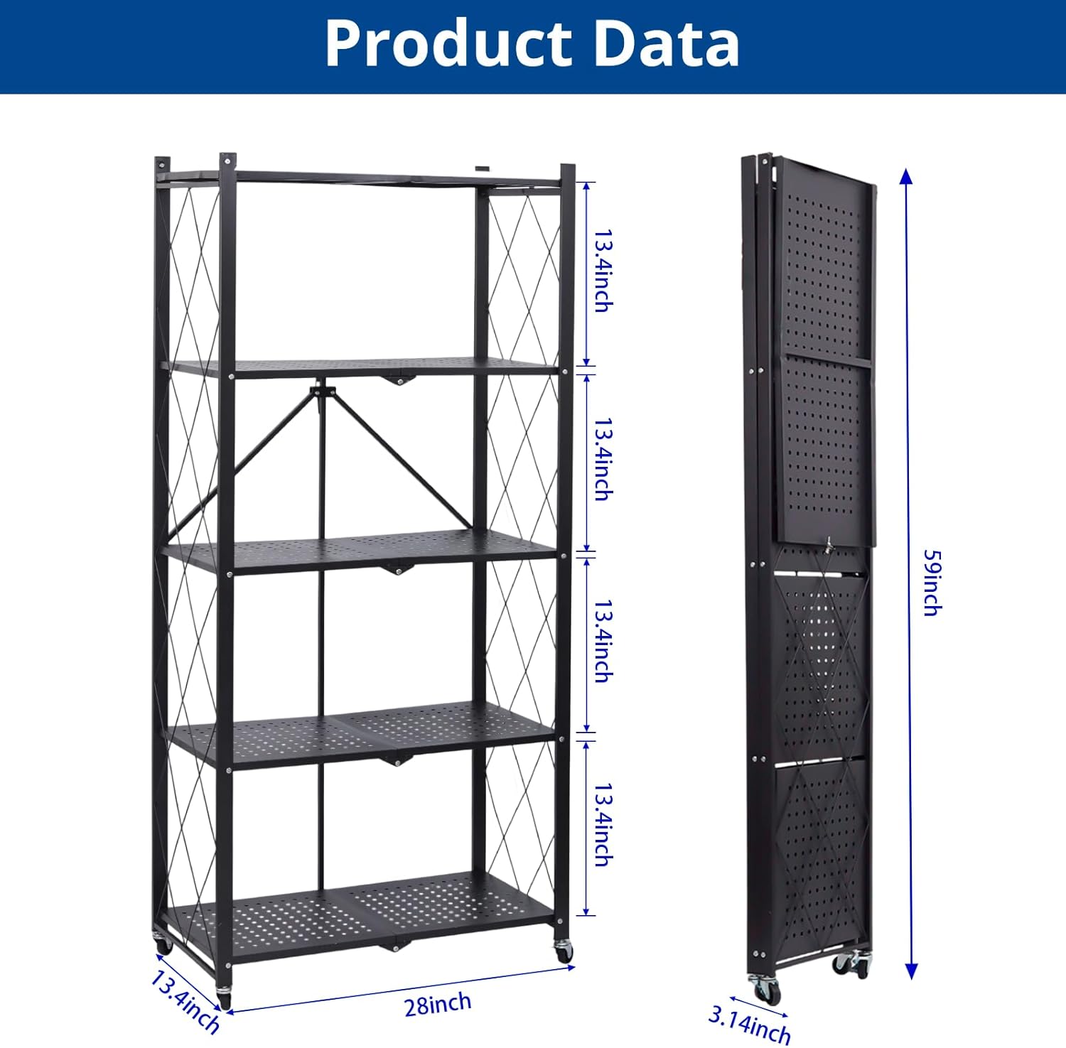 5 Tier Foldable Storage Shelf with Wheels, Heavy-Duty Metal Shelving Unit, No Assembly Book Shelf Rolling Storage Rack for Garage, Kitchen, Pantry, Closet, Exhibition, Office Decor, Black