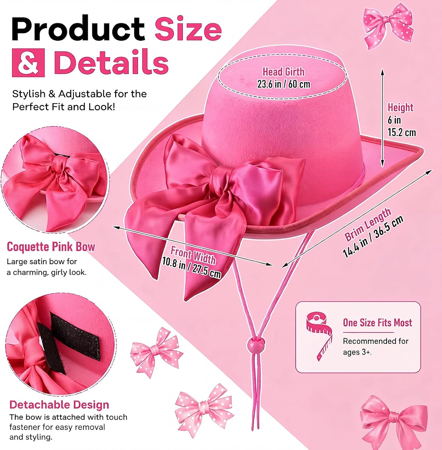 Hercicy Hot Pink Cowgirl Hat with Large Bow Felt Pink Coquette Women's Cowboy Hat for Western Theme Bachelorette Rodeo West Birthday Party Costume Cosplay Accessories