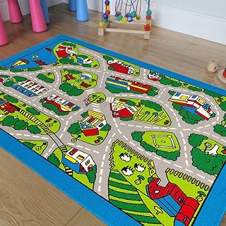 CHAMPION RUGS Town City Roads Kids Play Village Fun Non-Slip Rug Play MAT Race CAR Tracks - Learn & Have Fun Safe! Children's Educational, Road Traffic System, Multi Color, Play Mat Rug
