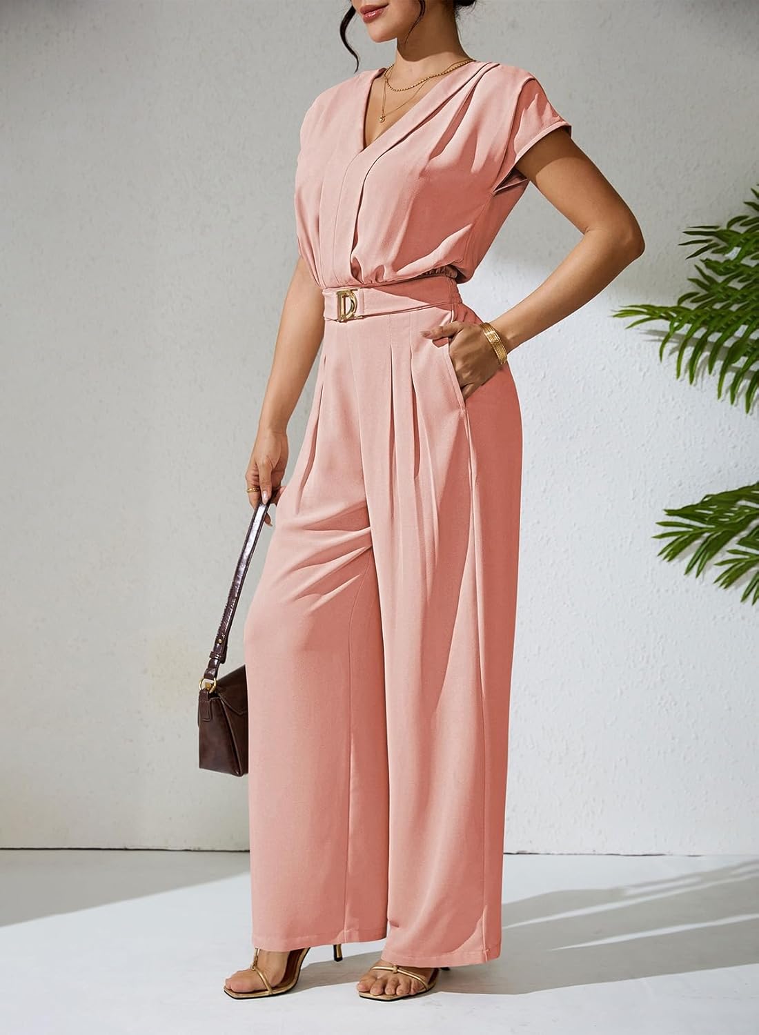 Pink Queen Jumpsuits for Women Dressy V Neck Short Sleeve Wide Leg Rompers Business Casual One Piece Outfits - Image 7