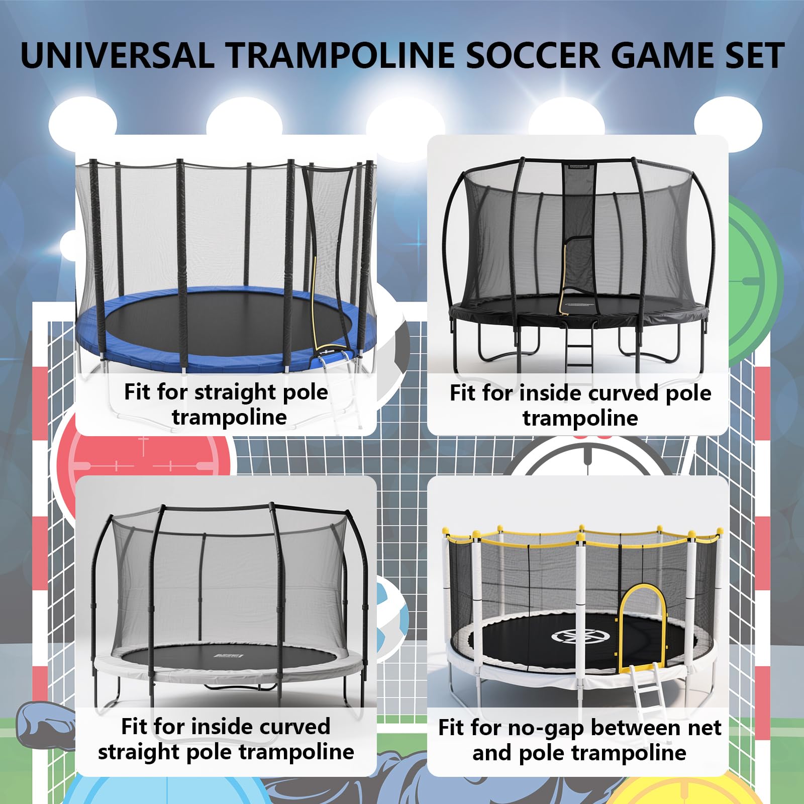 Trampoline Soccer Game Set with Light Strip, Football Moving Kick Toss Goal Target Net with 2 Balls Kids Gifts Indoor Outdoor Sports Toy for 8/10/12/14FT Trampoline Game Accessories