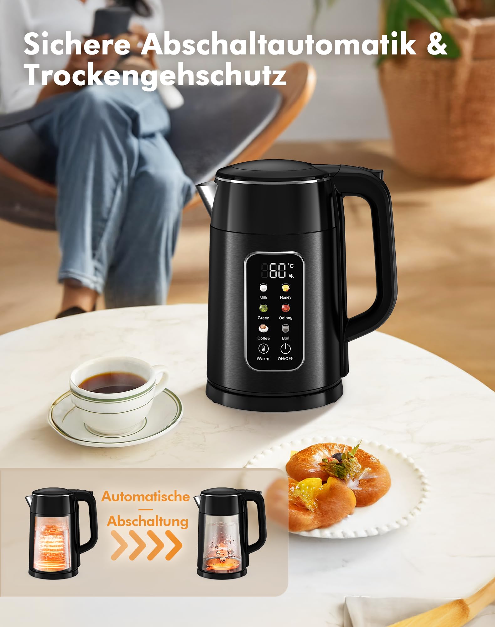 Wasserkocher mit Temperatureinstellung 1,7L 2200W Edelstahl Wasserkocher Schwarz mit 6 Temperaturstufen, Farbdisplay, 2H Warmhaltefunktion, Elektrisch Teekocher Doppelwand BPA frei für Büro Haushalt