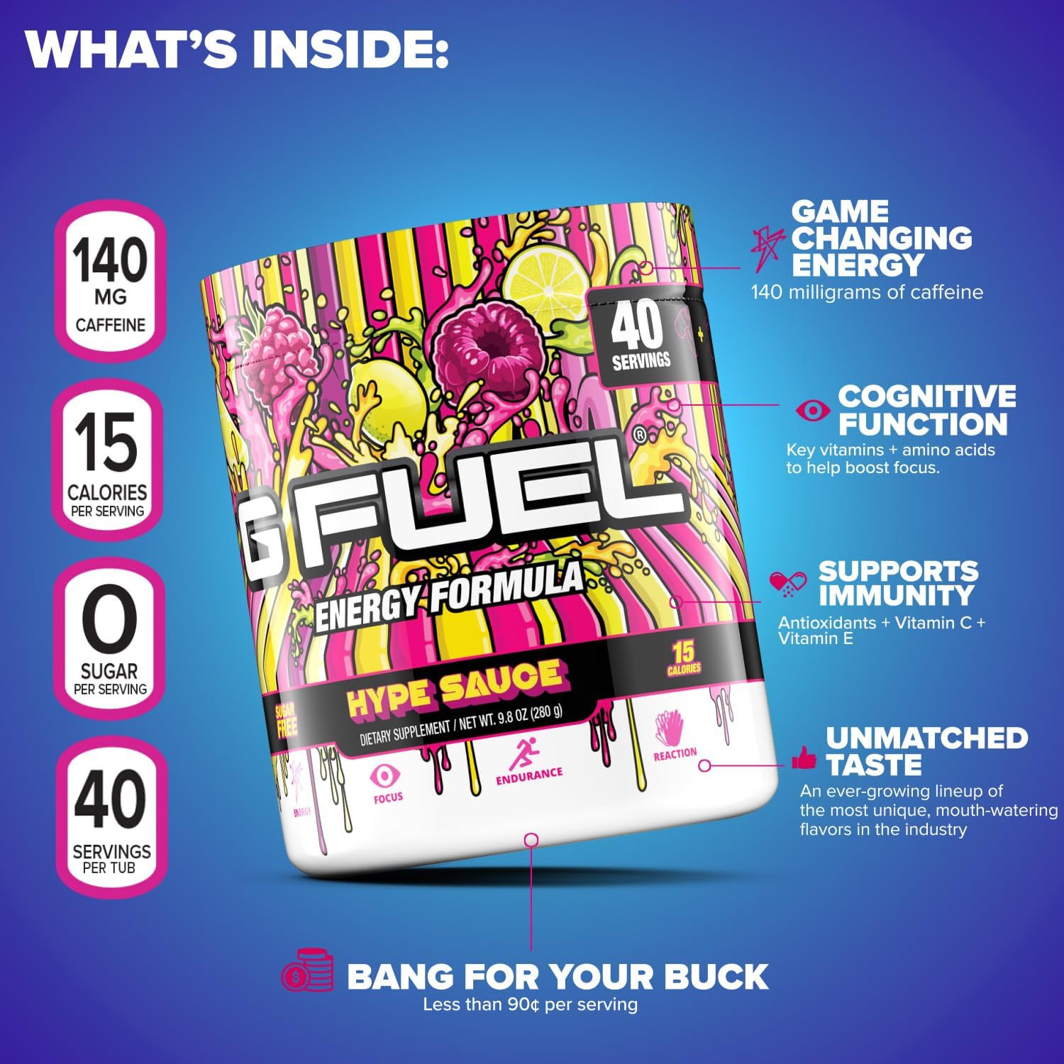 G fuel Hype Sauce Energy Powder, Sugar Free, Clean Caffeine Focus Supplement, Water Mix, Raspberry Lemonade Flavor, Focus Amino, Vitamin + Antioxidants Blend, 9.8 oz (40 Servings) : Health & Household