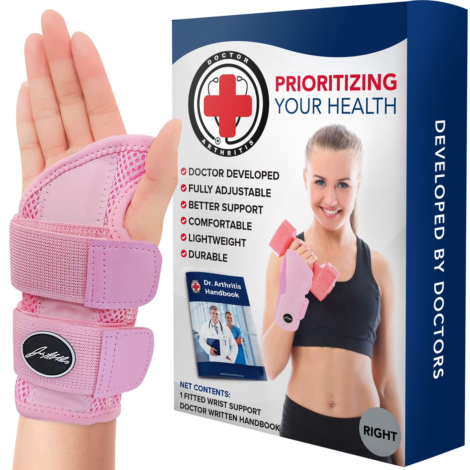 Doctor Developed Comfy,Lightweight,Wrist Support-Strap-Brace-Hand Support, Perfect fit for Right Hand, for Men and Women by Dr Arthritis - Single (Pink)
