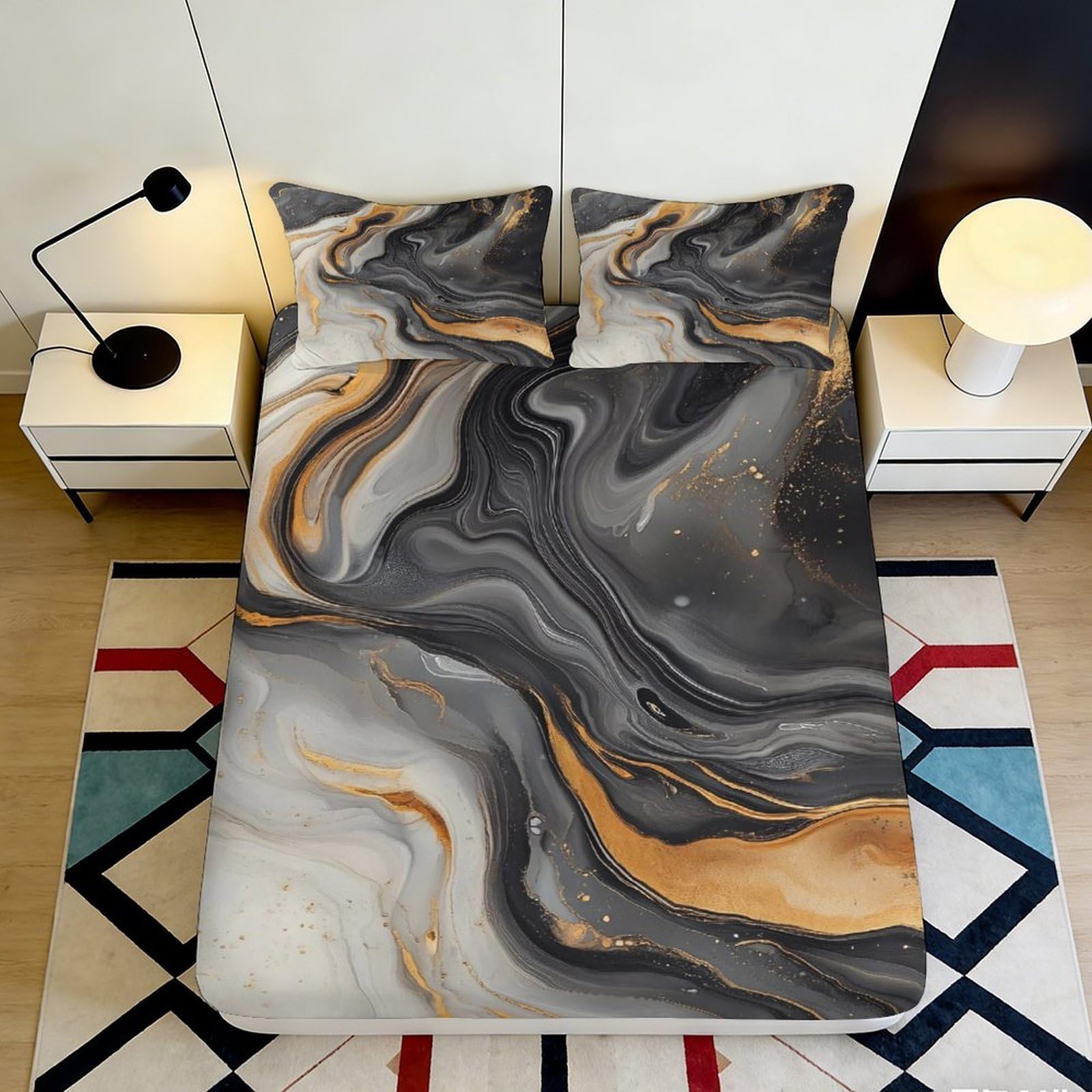 Tjiqhvmrn Style-9 3D Printed Marble Fitted Sheet Microfiber Deep Pocket Elastic Hem Non-Slip Bedroom Bedding Marble Mattress Fitted Cover For Adults Teens 90X200x25cm