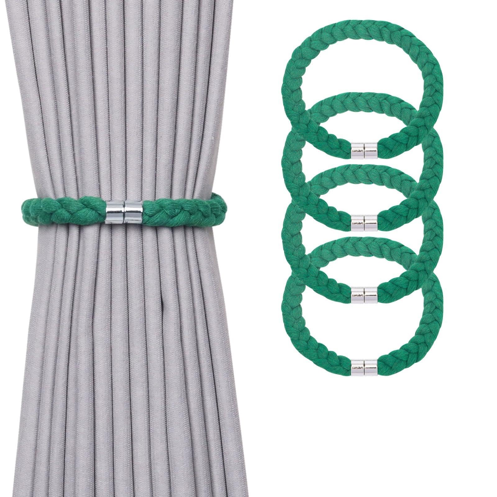 Pretty Jolly 4 Pack Natural Cotton Rope Magnetic Curtain Tiebacks Elegant Twisted Braid Style Drape Tie Backs Soft Hand-Woven Rope Curtain Holdbacks for Home & Office Window Draperies (Green-01)