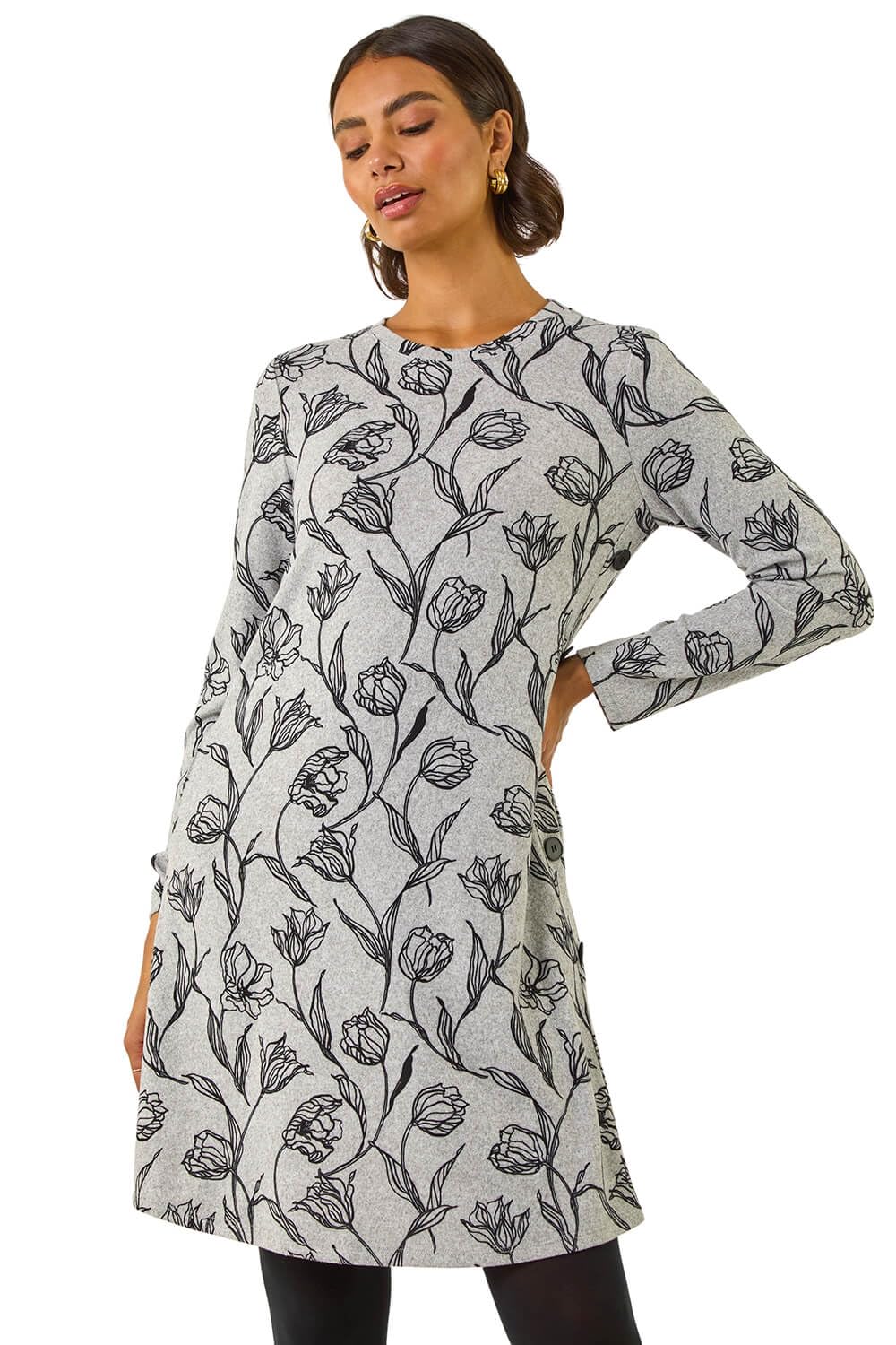 Roman Women's Floral Print Side Button Stretch Dress in Grey | Size: 10