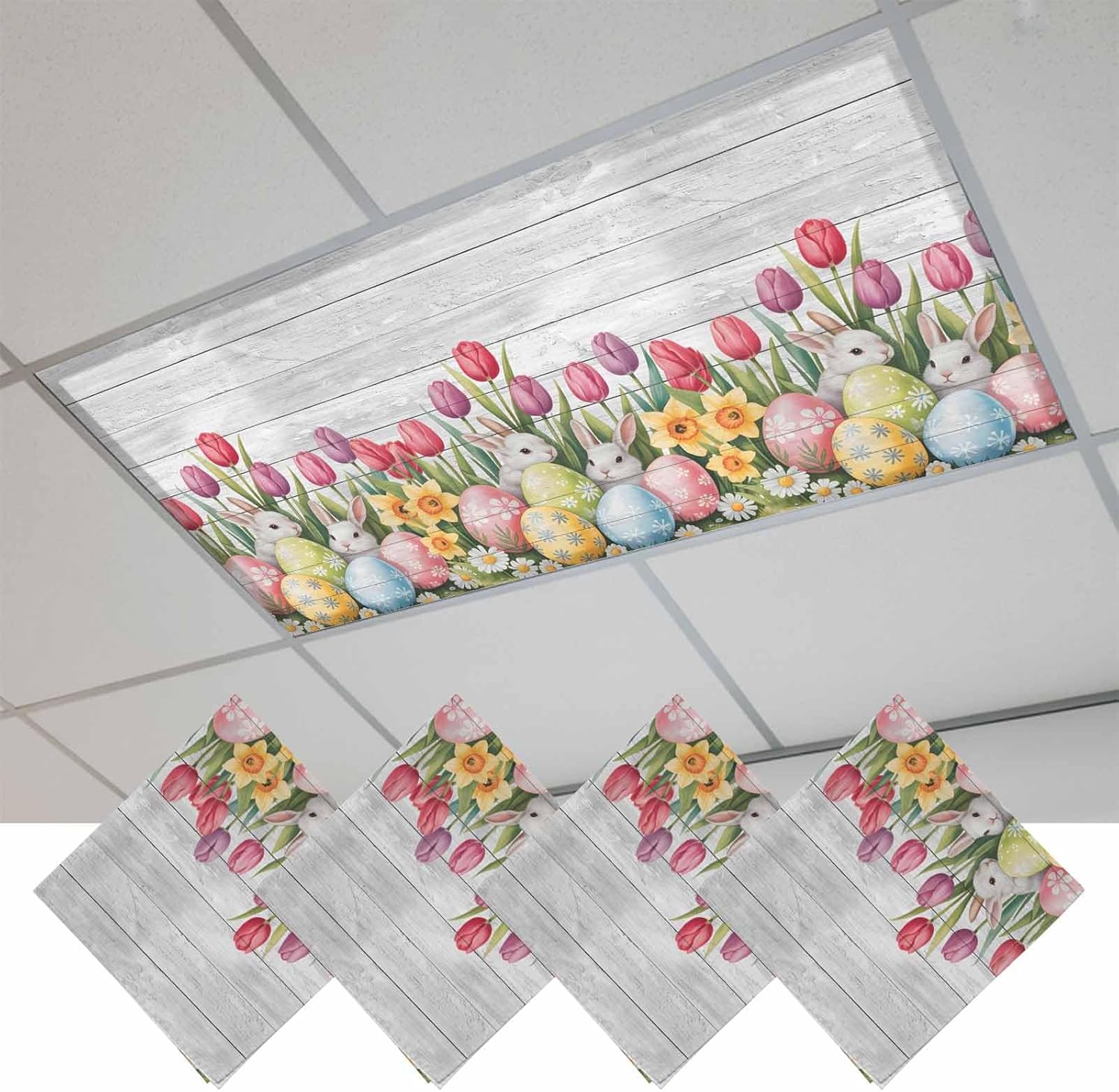 2x4 ft Fluorescent Light Cover for Ceiling Easter Rabbit Egg Flower Magnetic Light Filters, Spring Tulip Yellow Floral Wood Ceiling Lampshades for Home School Office 4Pcs