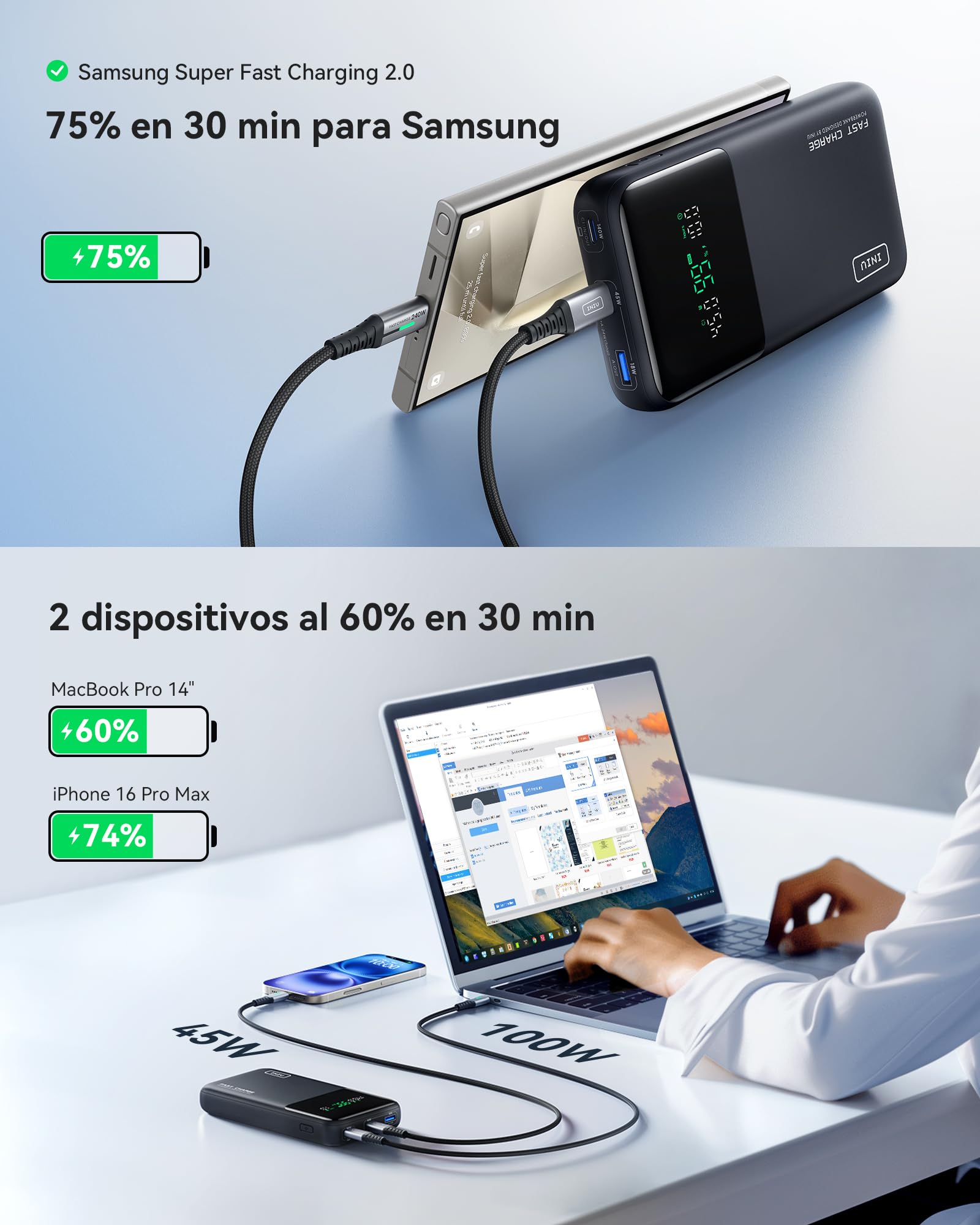 INIU Power Bank, 140W 25000mAh Mini Bateria Externa Fast Charging, Bateria Portatil USB C Input & Output Compatible con iPhone Samsung Google Pixel, Travel Essentials Apto para Hombres y Mujeres, Azul