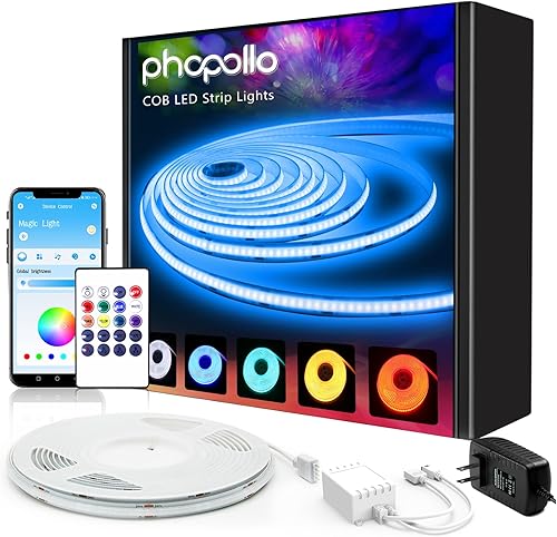 phopollo COB - Tira de luces LED, multicolor, 576 LEDsm de alta densidad, flexible, 24 V, con control de RF y aplicación, luces LED para dormitorio,