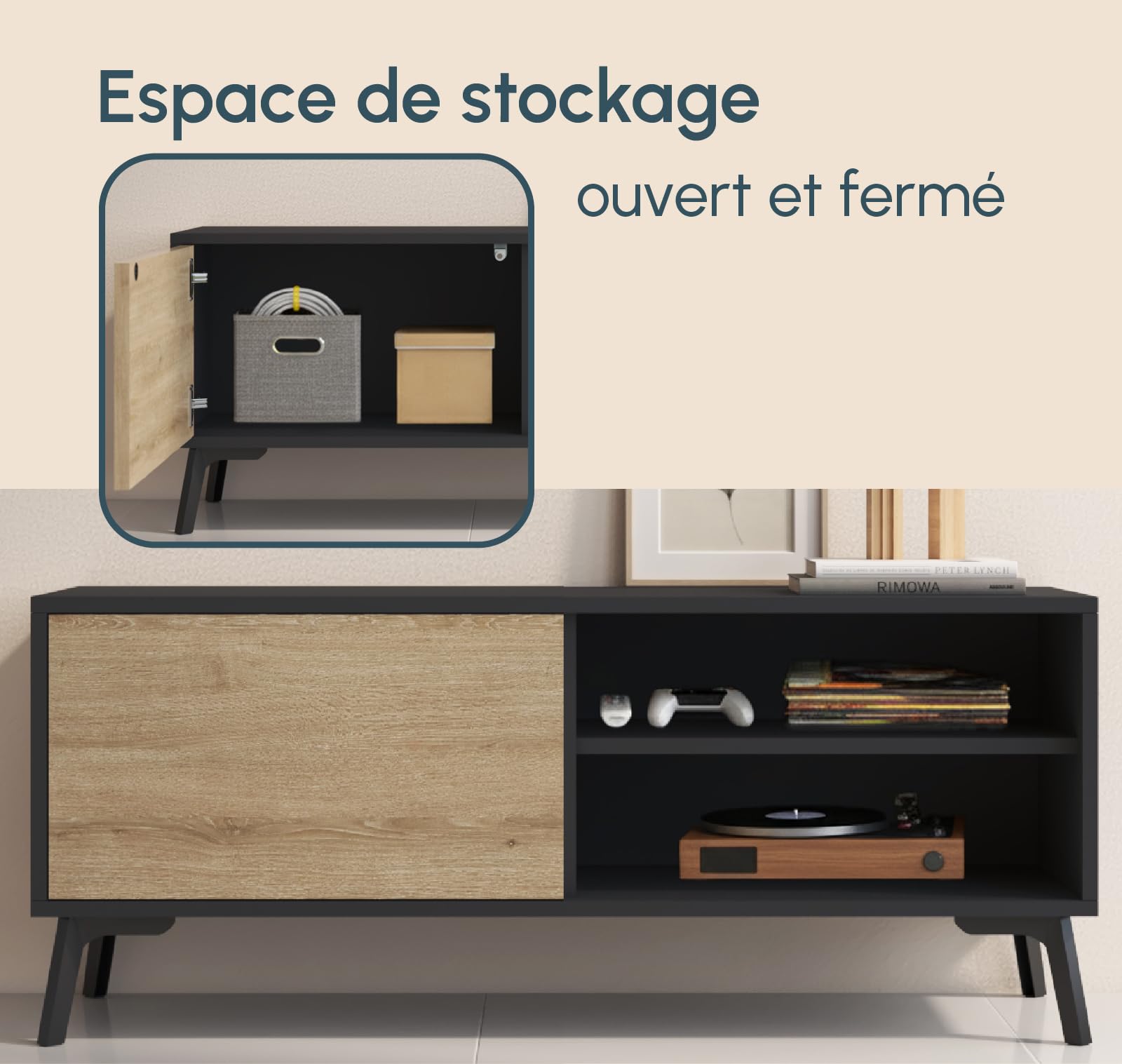 MB Muebles Bonitos | Meuble TV Bas Kai avec 1 Porte pour Salon Moderne | Meuble en Mélamine Mate | Couleur Noir et Sonoma | 100x42x30 cm