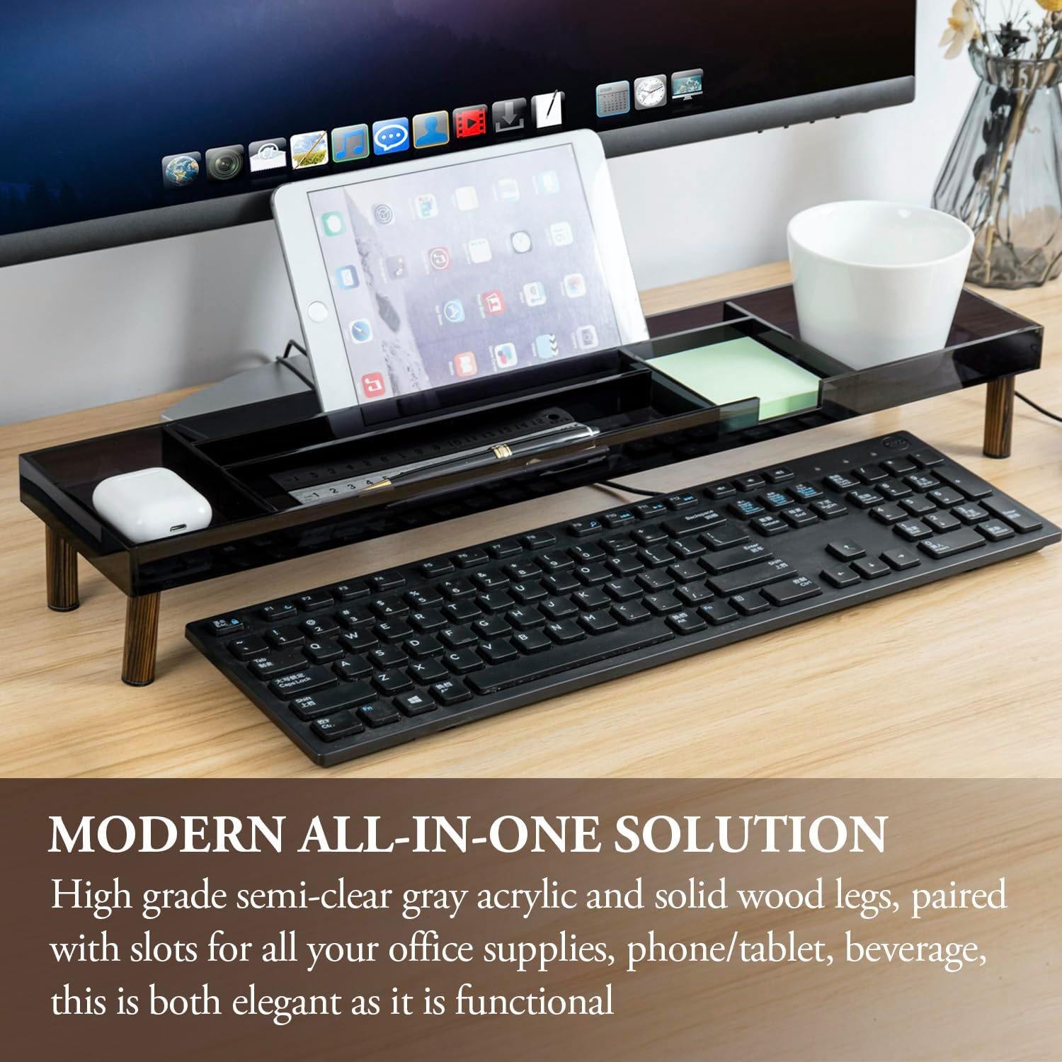 MyGift Modern Desktop Organizer Tray - Premium Translucent Dark Gray Acrylic and Solid Wood Over Keyboard Office Desk Flow Storage - Includes Cable Organizer