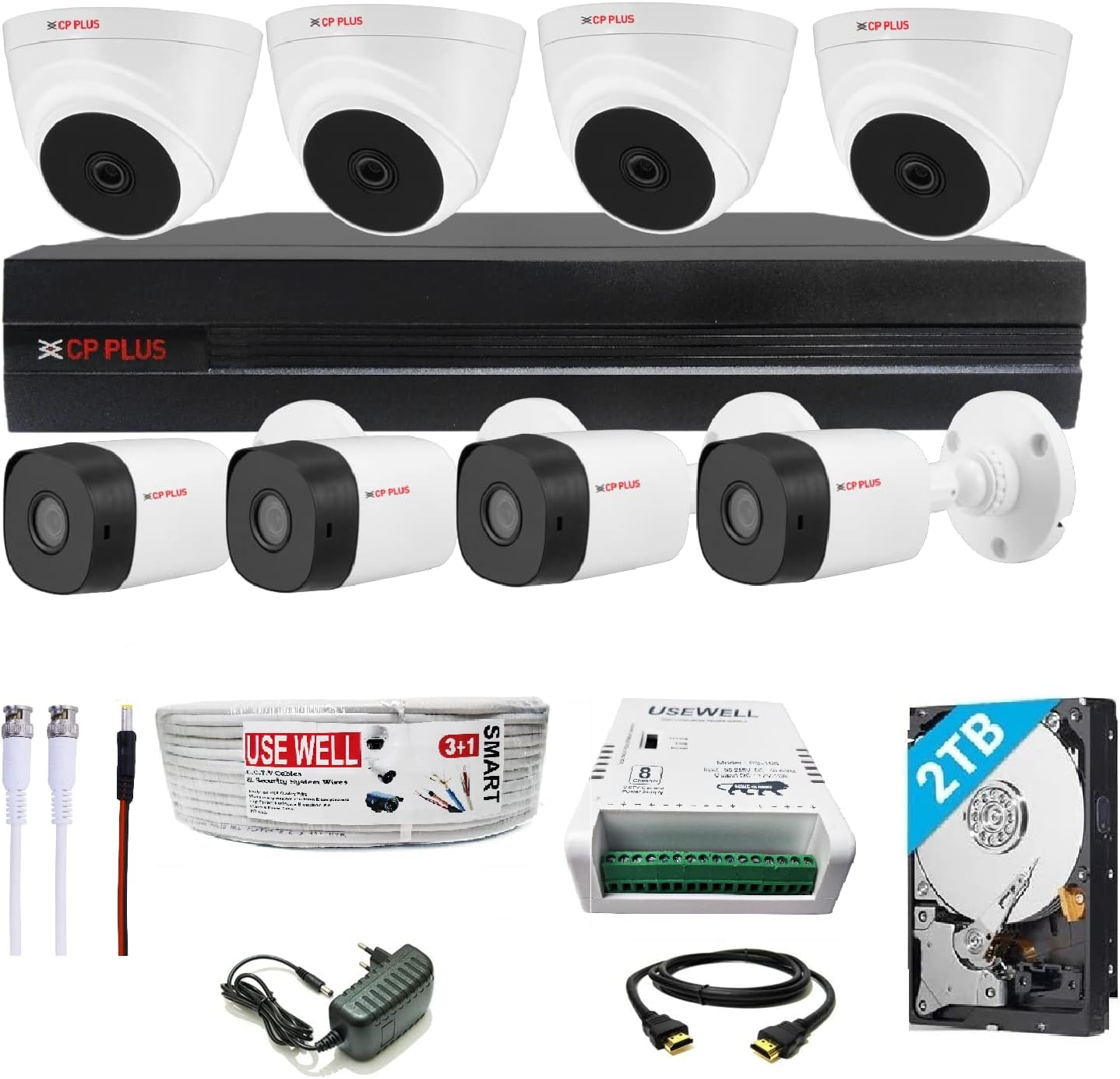 CP PLUS Full HD 8 Channel DVR with 2.4 MP 4 Dome & 4 Bullet Cameras + 2 TB HDD + (3+1) Cable roll + 8 CH Power Supply + USEWELL BNC & DC Full Combo Kit