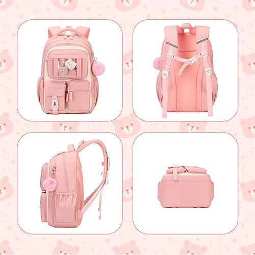 Miniatura 7 de Mochila infantil para niñas, bolsas escolares para estudiantes de secundaria, bolsa de libros para escuela primaria, Rosa y beige., Tamaño único