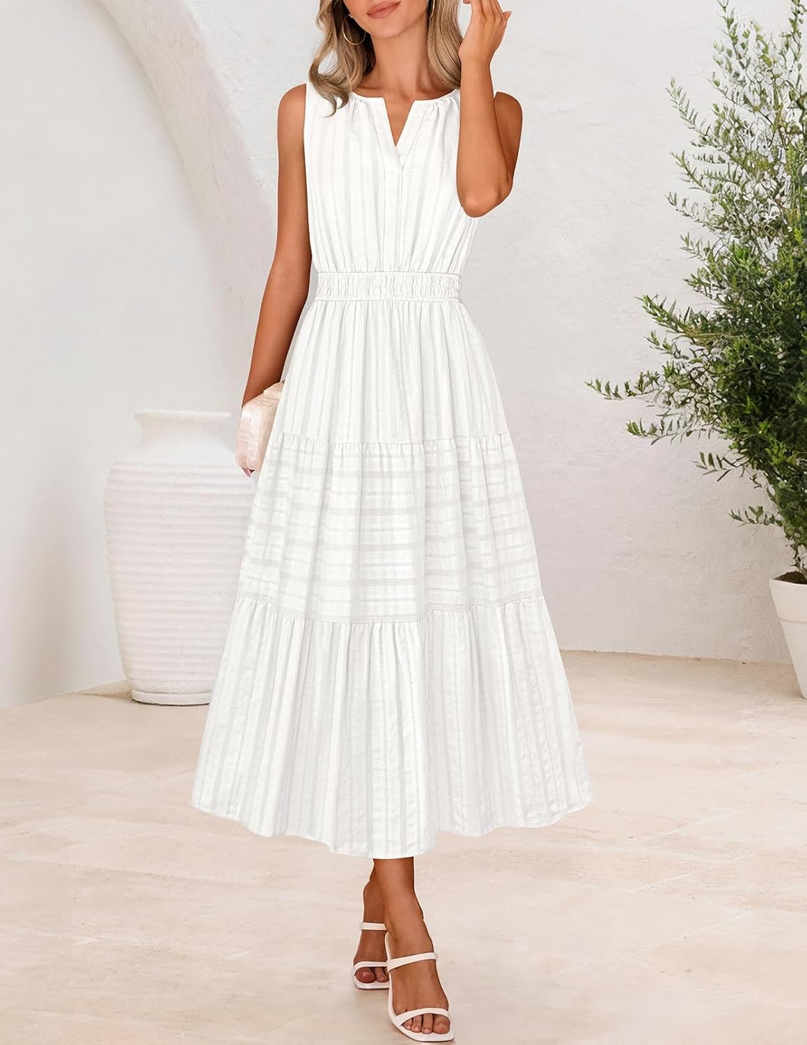 MEROKEETY Spring Summer Midi Dresses for Women 2026 Casual Beach Vacation Sleeveless Boho V Neck Cotton Maxi Dress Pockets - Image 7