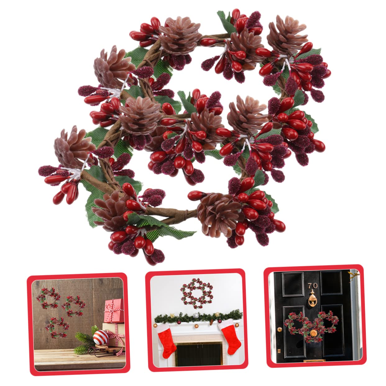 Cabilock 5 Sätze Kranz Weihnachten Rahmen Ornamente Weihnachten Beeren Tannenzapfen Künstliche Girlande Dekorationen Frohe Banner Berry Kerze Ringe 2 Stück * 5