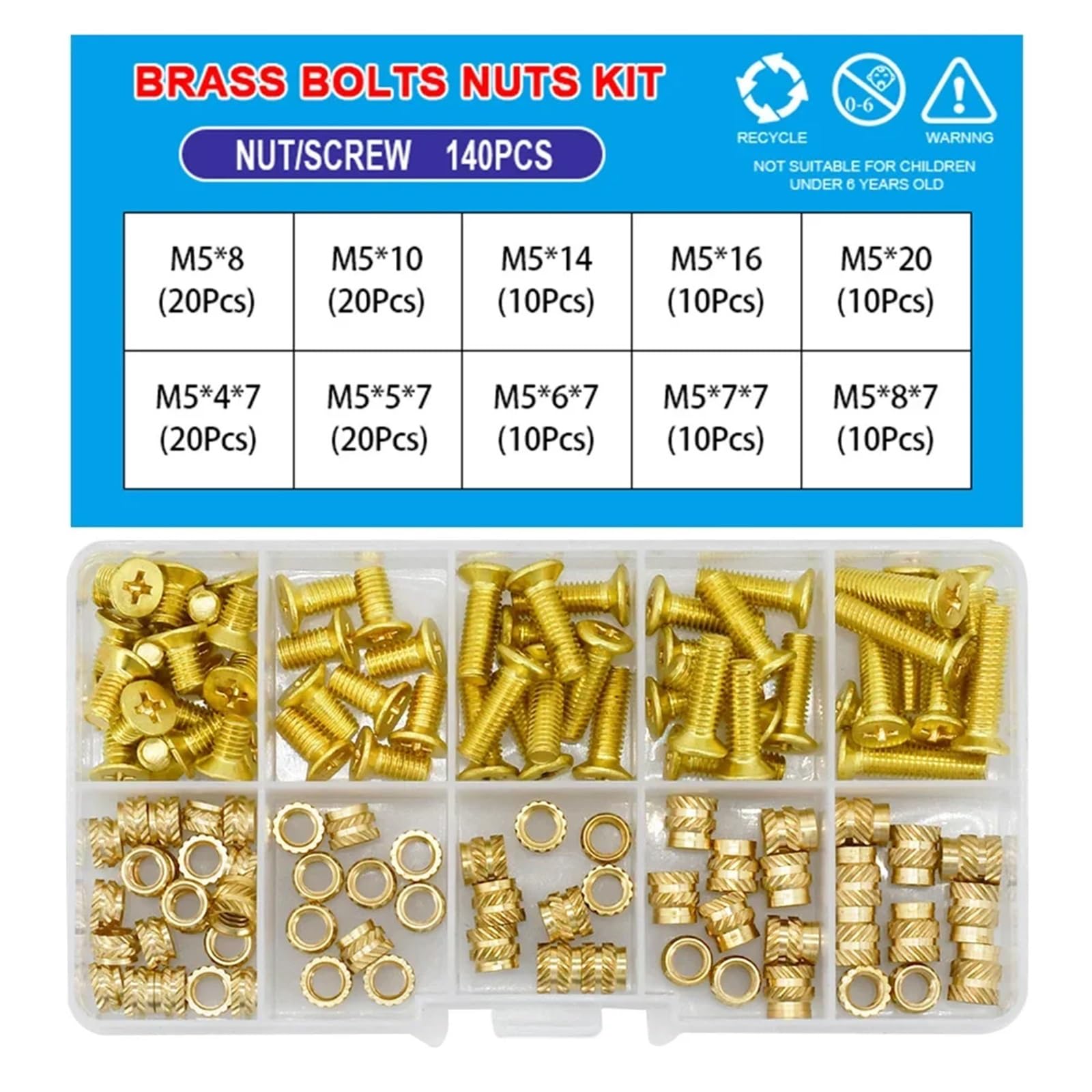 Juego de tornillos y pernos Juego de tuercas inserción latón M2 .5 M3 M4 M5, tornillos avellanados, pernos, kit surtido, rosca moleteada termofusible, tuerca inyección calor, perno(M5A 140Pcs)