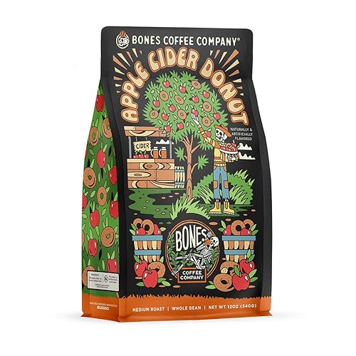 Bones Coffee Company Apple Cider Donut Flavored Coffee, Medium Roast Low Acid Arabica Beans Compatible with Auto drip and French Press Coffee Maker, 12 Oz Ground - Apple Cider Donut (Ground)