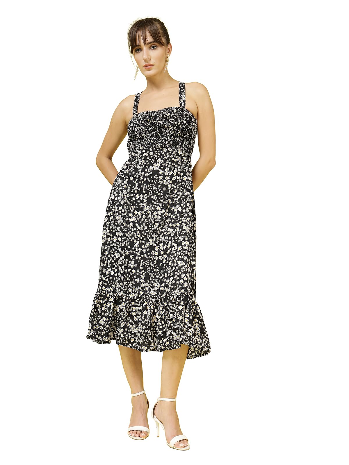 Oomph! Women's Western & Fusion Wear Printed Crepe Dress For Women, Smocked Bodice, Black - Md1031