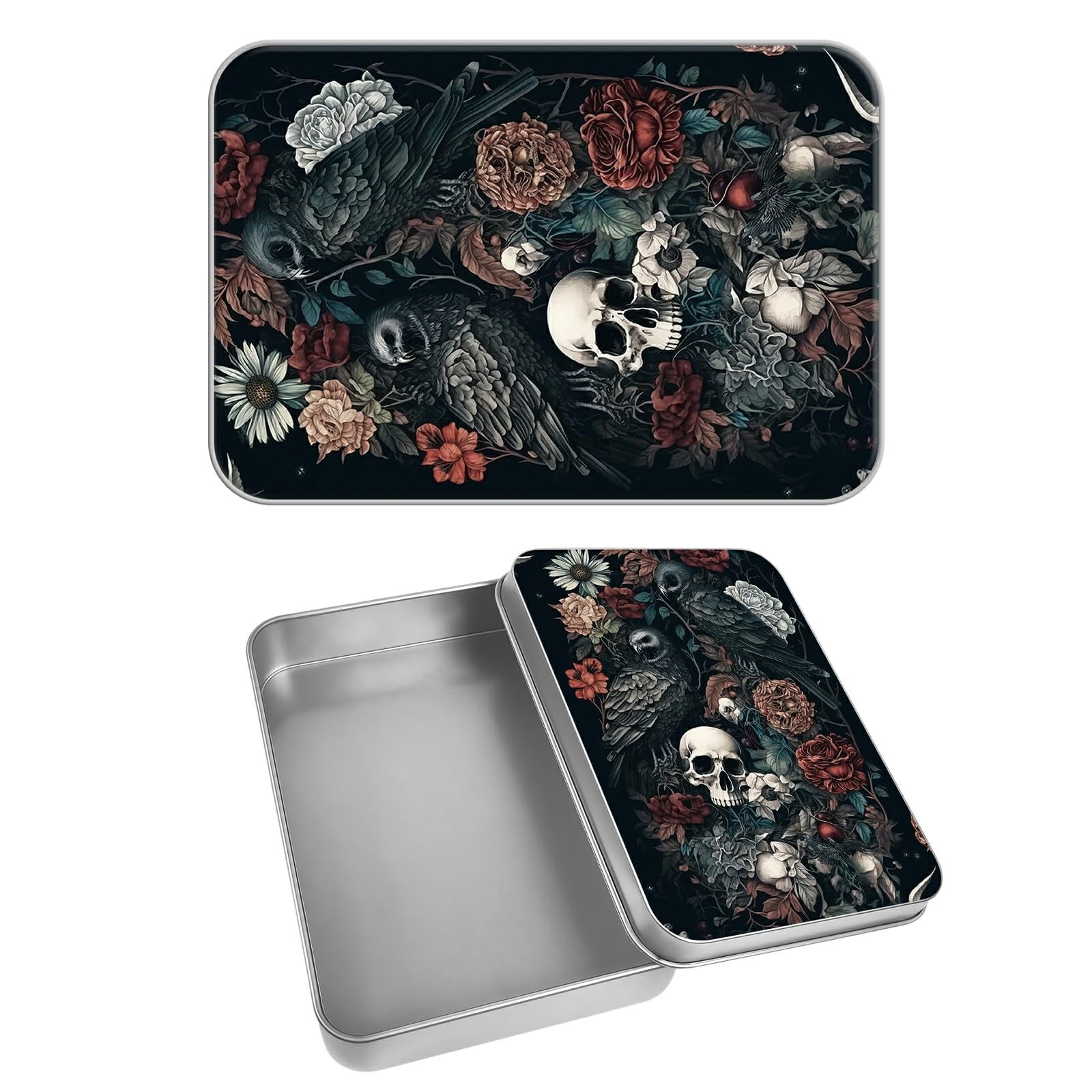 Rectangular Metal Tin Box with Removable Lid, Dark Skull Flower Eagle Decorative Printed Metal Storage Container for Cash Ticket Credit Card Check 3.46 x 2.36 x 0.7 inch– Single Pack