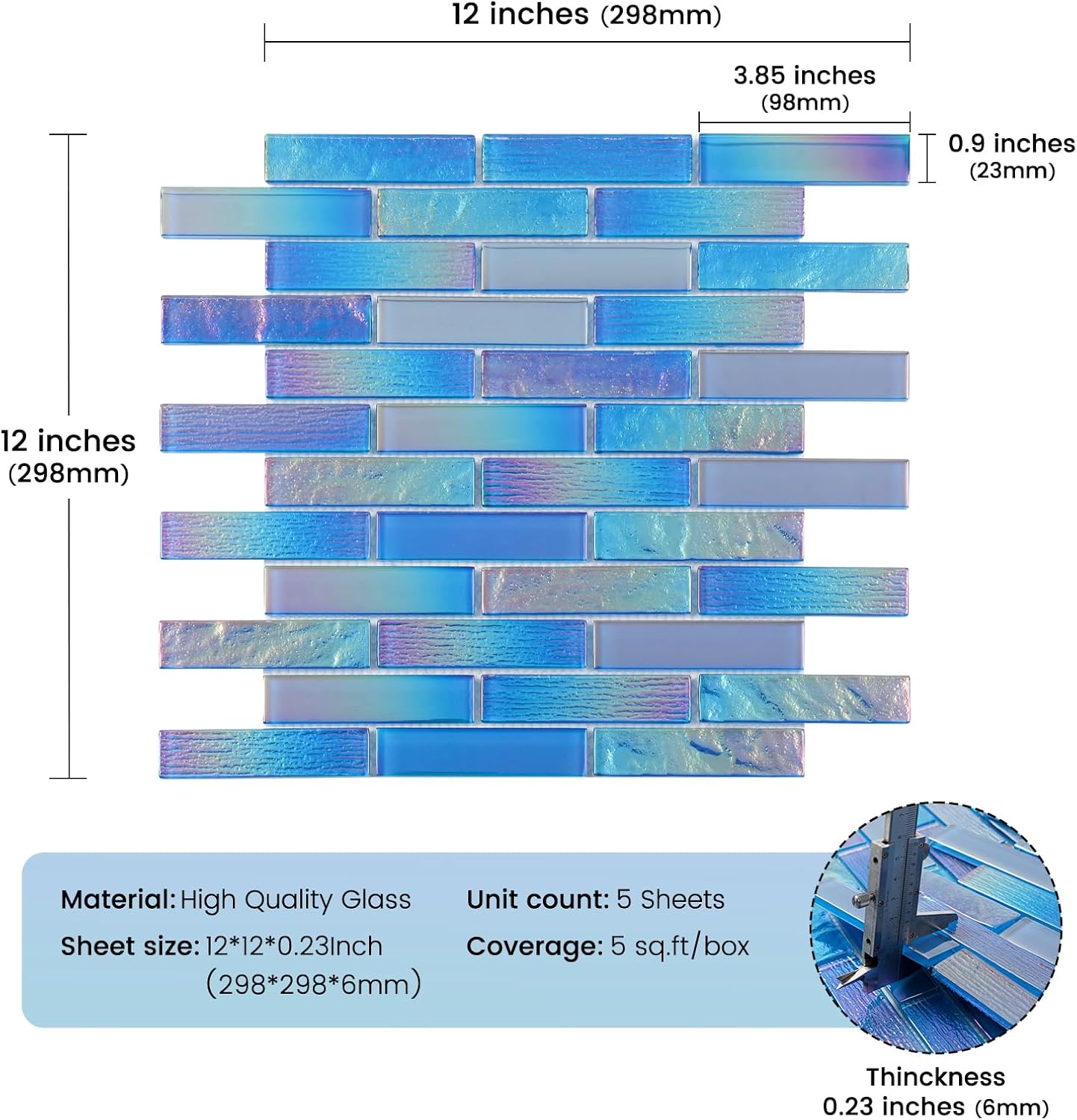 Glass Mosaic Tile Backsplash Fantasy Blue 12 x 12 Inch Glossy Pool Glass Tile for Swimming Kitchen Bathroom Shower Waterline Fountain Spa Wall (Long Mosaic Sheet,5-Pack,5 sq.ft.)