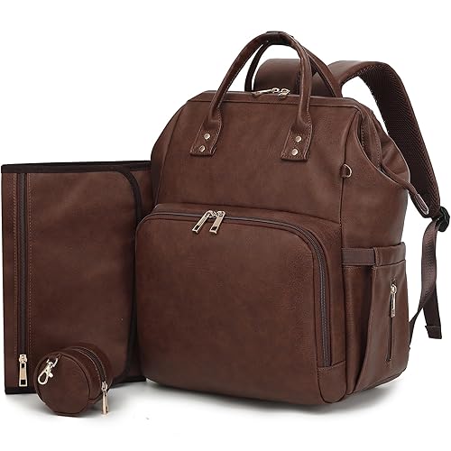 Miniatura 11 de Mochila para pañales de piel vegana prémium con cambiador impermeable - Costuras y cremalleras reforzadas, bolsa de bebé para niño y niña, correas