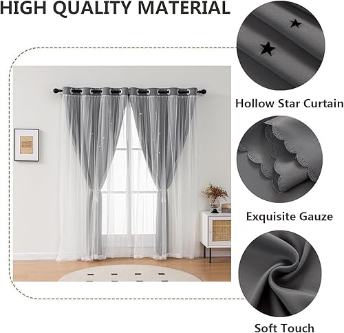 Miniatura 10 de Cortinas opacas de doble capa para sala de estar, dormitorio, cortinas opacas de doble capa de 63 pulgadas de largo, con recorte de estrellas,