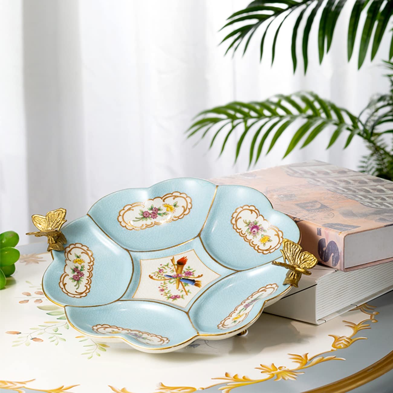 Plato de cerámica para Fruta con Borde de Mariposa Bandeja Decorativa para Servir postres Dulces Frutos Secos Platos de Almacenamiento Mesa de Centro,