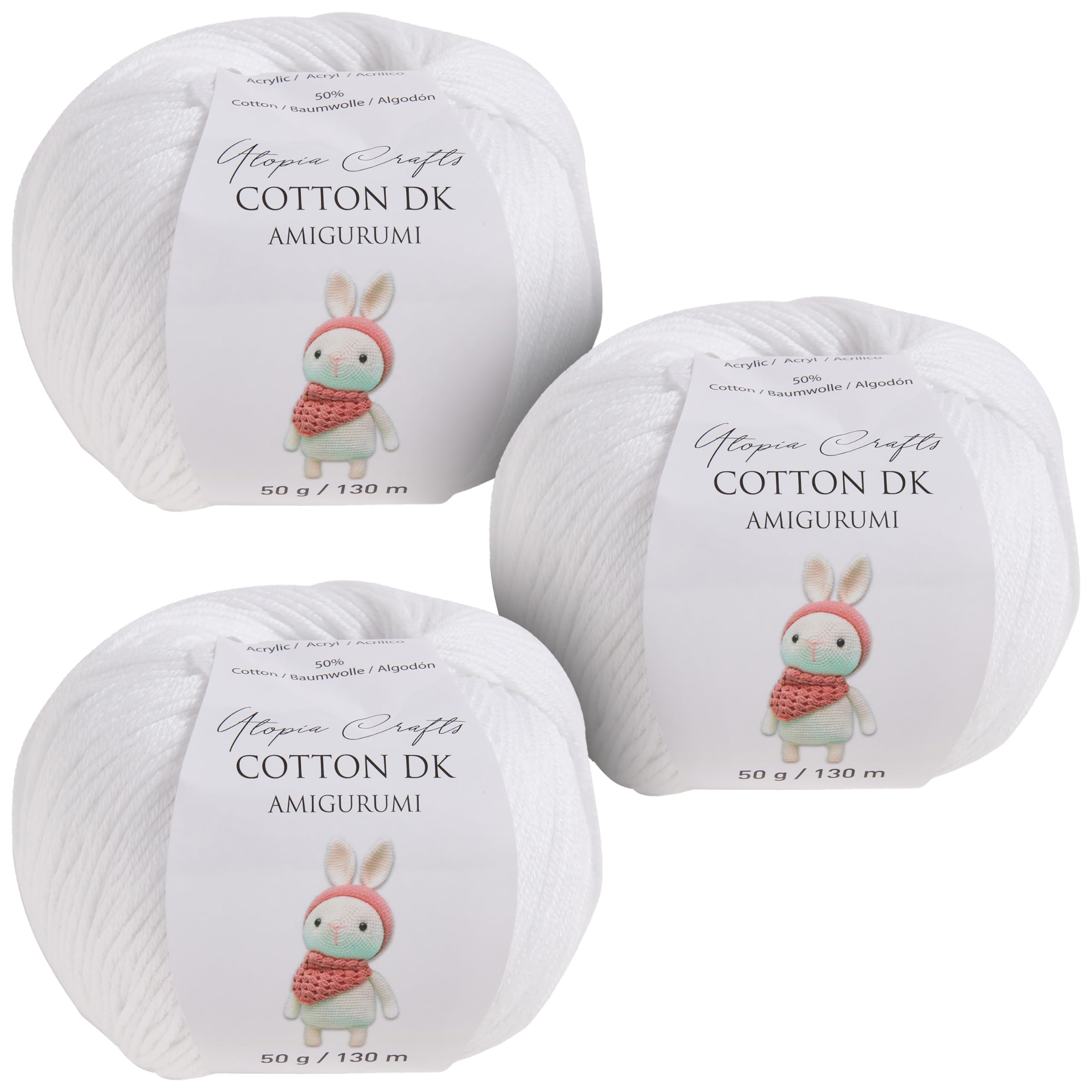 Utopia Crafts Amigurumi Cotton DK Yarn for Crochet and Knitting 50% Cotton, 50% Acrylic Blended, 3X 50g (White)