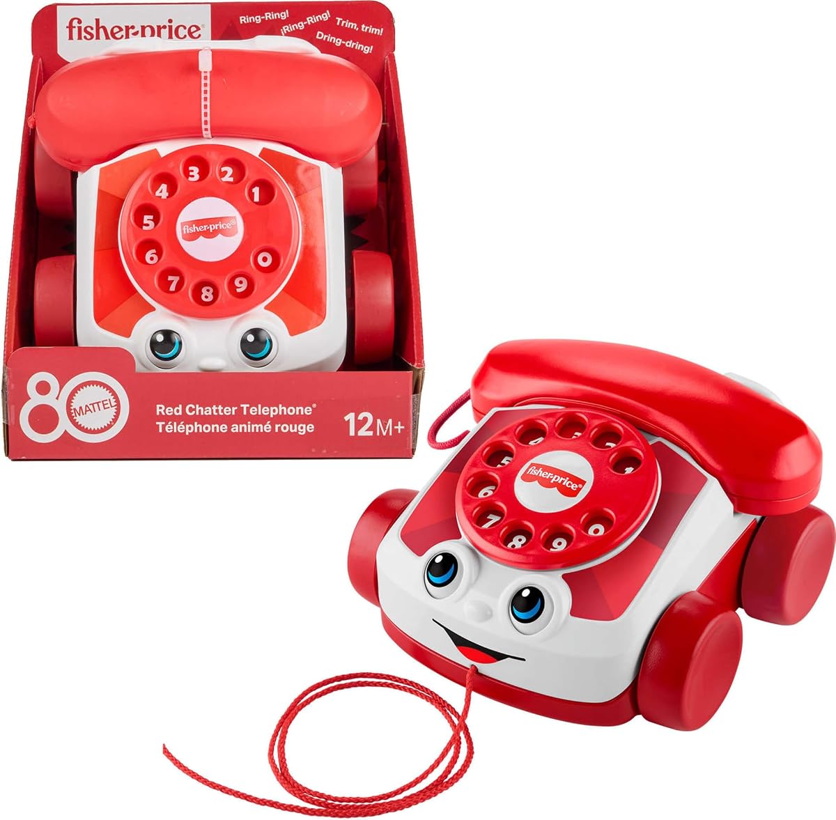 Teléfono de charla rojo de juguete para bebés de Fisher-Price, Mattel 80th Anniversary Edition Actividad para bebés y niños pequeños de más de 1 año