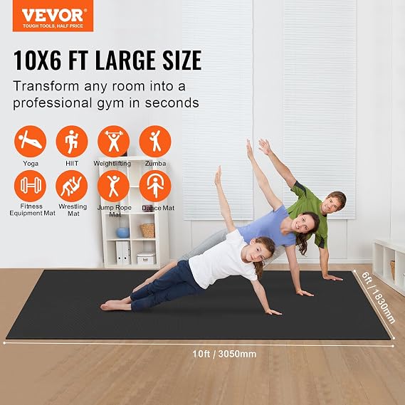 VEVOR Large Exercise Mat, 12'x6'/10'x6'/9'x6'/8'x6'/8'x5'/7'x5'/6'x4' (7mm) Extra Thick, Non Slip High Density Premium Workout Mat, Exercise Yoga Mat for Men & Women, Fitness & Exercise Mat with Bag & Carry Strap, for All Types of Home Yoga, Pilate & Floor Workout