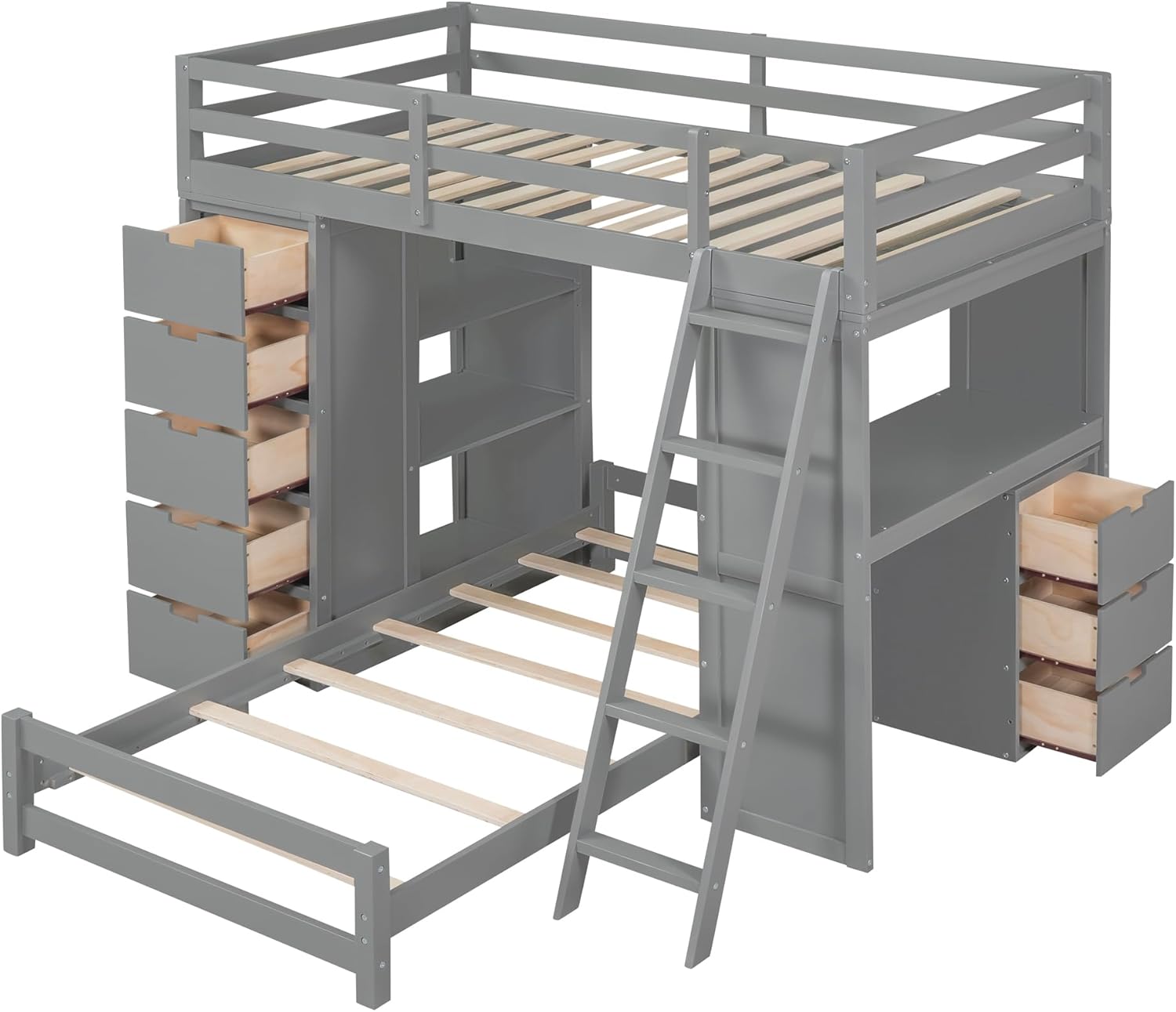 CITYLIGHT Twin Over Twin Bunk Beds with Storage,Desk,USB Ports and LED Light,Wood Twin Loft Bed with Movable Lower Bed,L Shaped Bunk Bed for Kids,Teens,Adults,No Box Spring Needed (Gray)