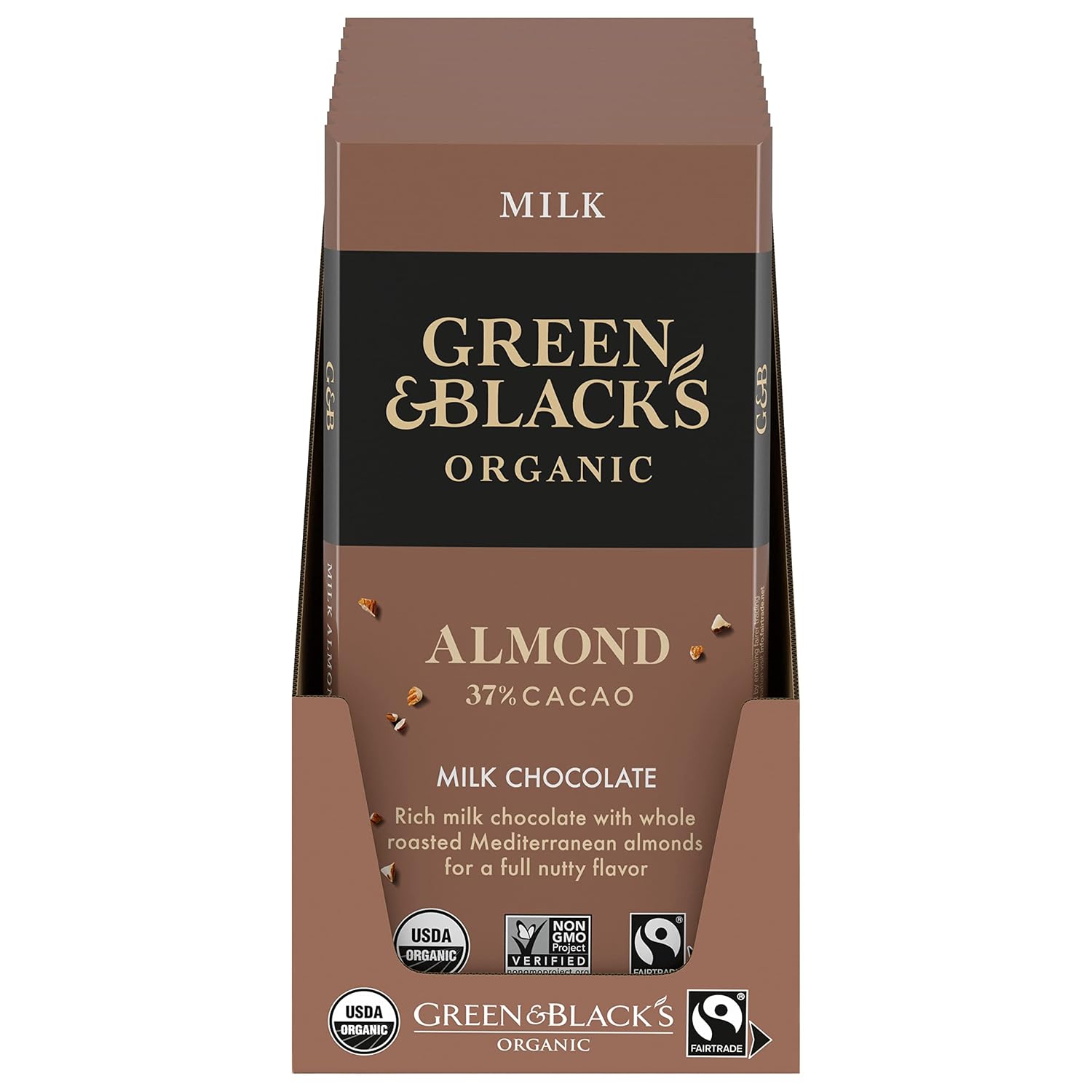 Green & Black's Organic Milk Chocolate Bar with Almonds, 37% Cacao, 10 - 3.17 oz Bars