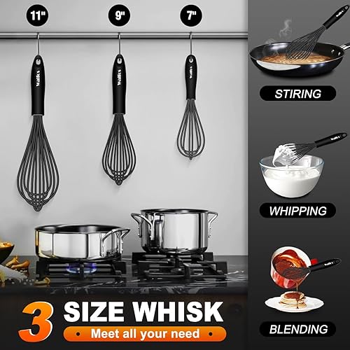 Miniatura 5 de Walfos Silicone Whisk,Stainless Steel Wire Whisk Set of 3 -Heat Resistant 480°F Kitchen Whisks for Non-stick Cookware,Balloon Egg Beater Perfect for