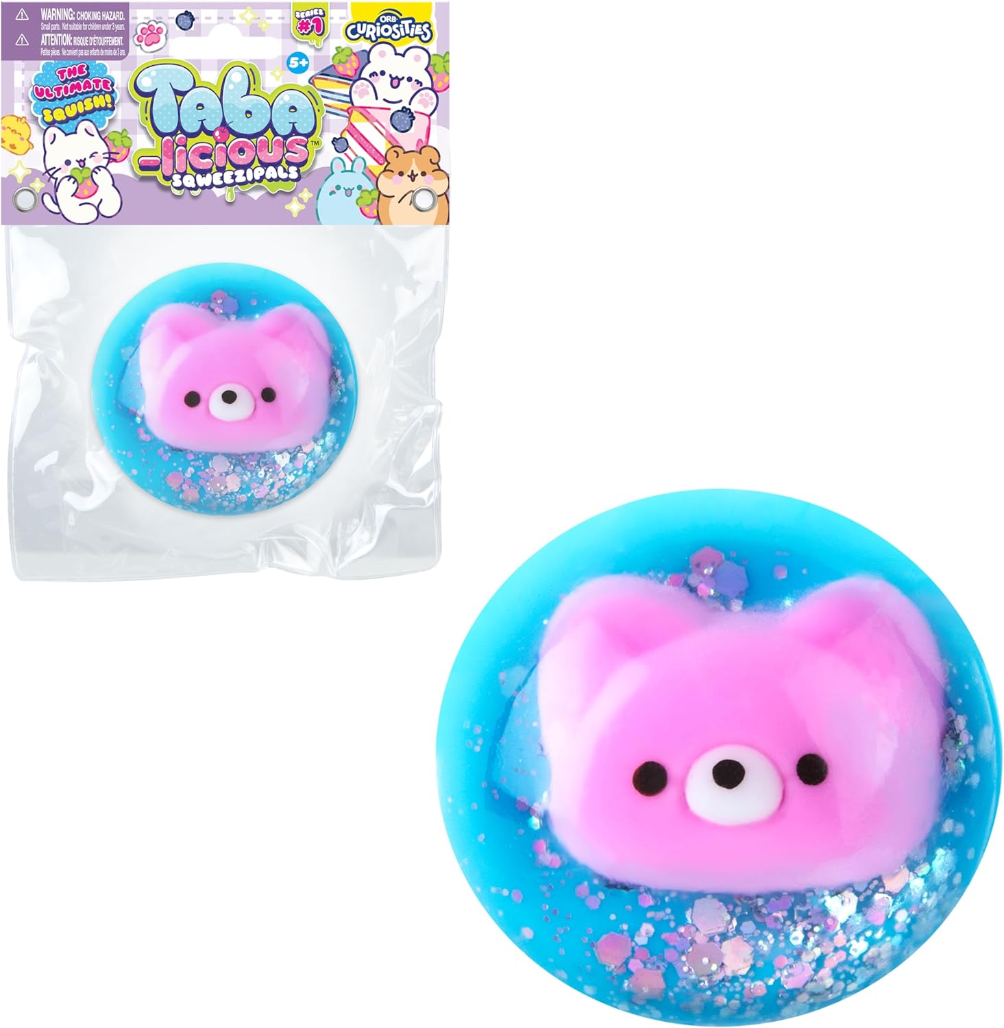 ORB Tabalicious SqweeziPals TABA Squishy Bear Toy - Cute, Sticky TABA Glitter Orb with Squishy Pink Bear Inside - Animal Themed Stress Ball Squishies - Kawaii Sensory Fidget Toys for Kids and Adults