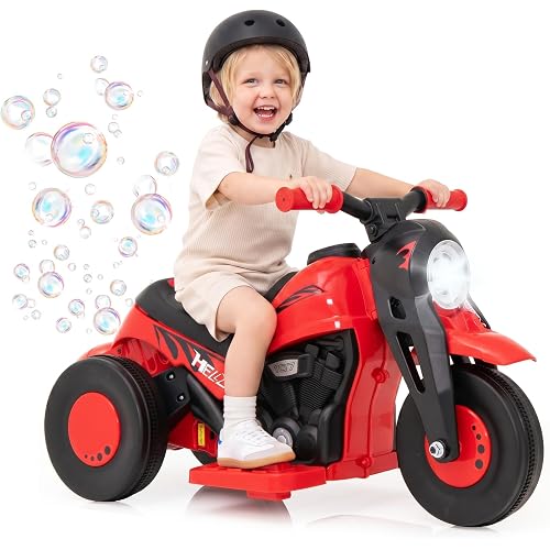 OLAKIDS Kids Motorcycle, 6V Electric Ride On Car with Automatic Bubble Function, Foot Pedal, Headlight, Music, 3 Anti-Skip Wheels Vehicle for Children, Toddler Ages 3+
