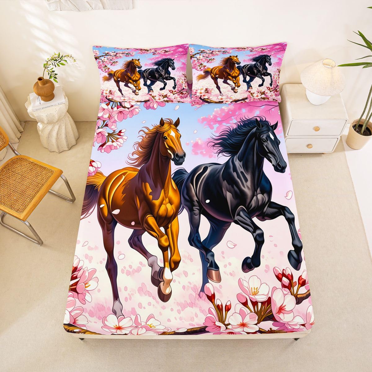 Homemissing Sábana bajera ajustable con 2 fundas de almohada, tamaño King, diseño de caballo galopante, con bolsillo profundo de 16 pulgadas de profundidad, ropa de cama de caballo para niños, niñas