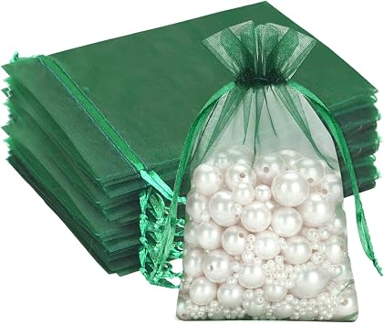 G2PLUS 100PCS Drawstring Organza Bags 4x6 in - Christmas Dark Green Organza Bags, Sheer Mesh Pouches for Candy, Fruits, Baby Shower, Wedding Party Favors