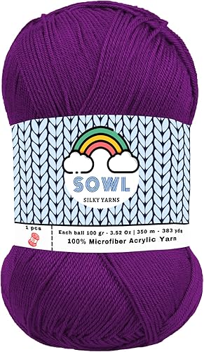 Miniatura 1 de SOWL Hilos acrílicos  Tacto sedoso  Lavanda  Hilo acrílico 100% microfibra 1 madejas de bola de 3.5 onzas, 380 yardas, hilo de peso para tejer y