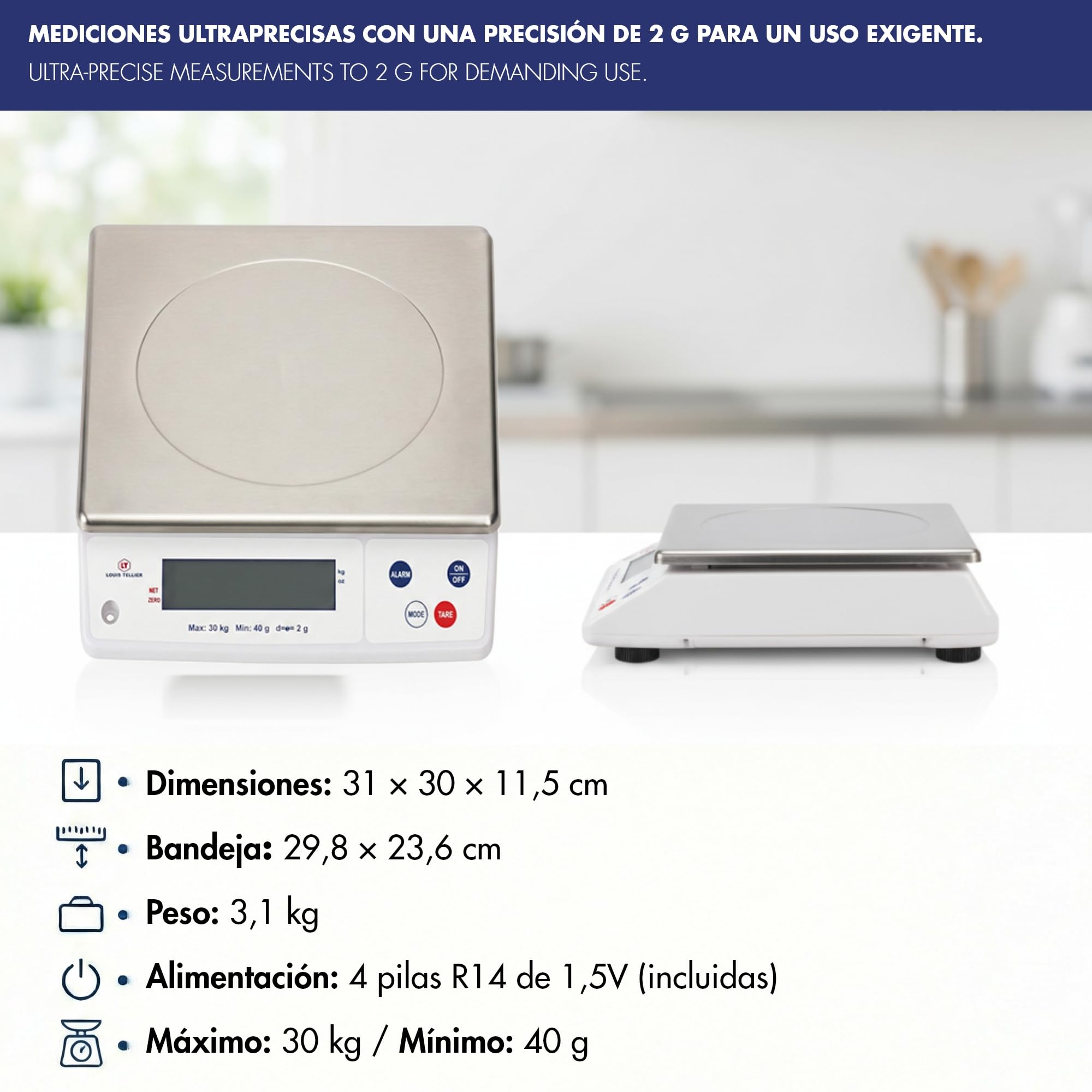 LOUIS TELLIER | Báscula electrónica profesional | 30 kg | IP53 | precisión 2 g | bandeja extraíble | cocina | panadería | 30 x 32 x 11,5 cm